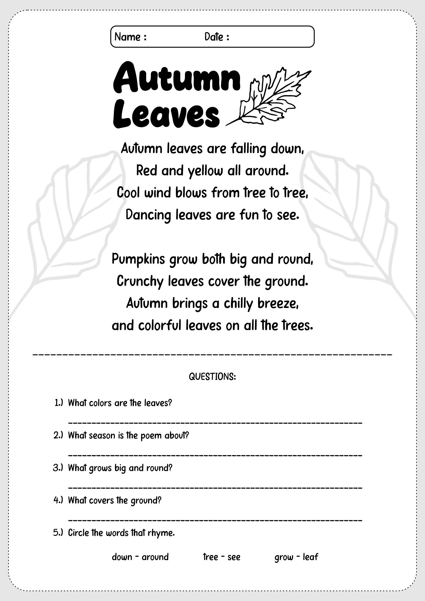 Autumn Poems and Stories Reading Worksheets