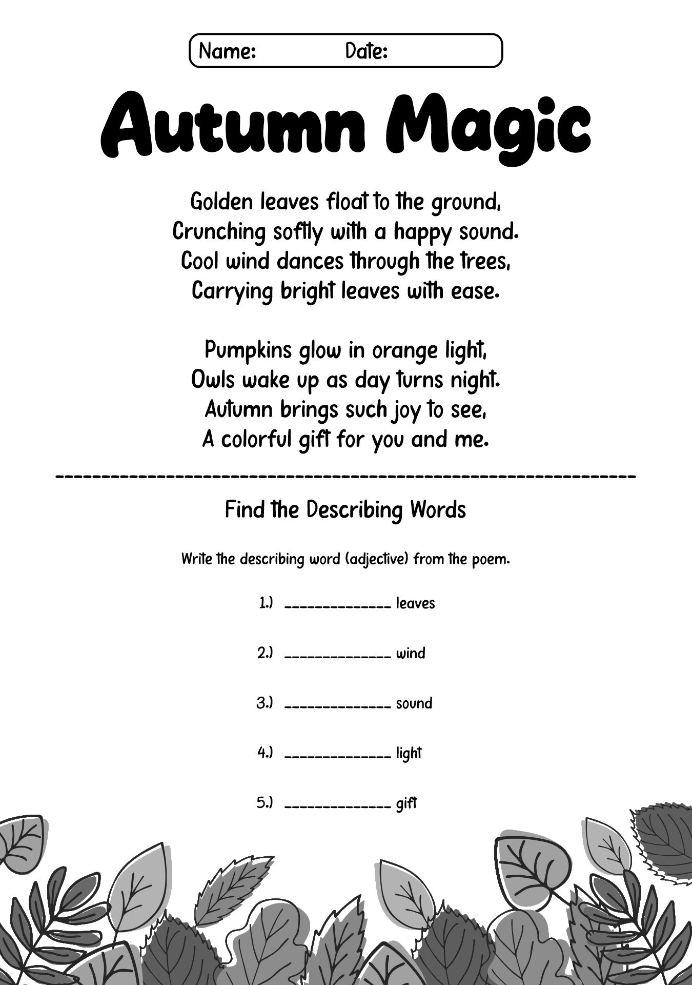 Autumn Poetry Worksheets for Grade 3