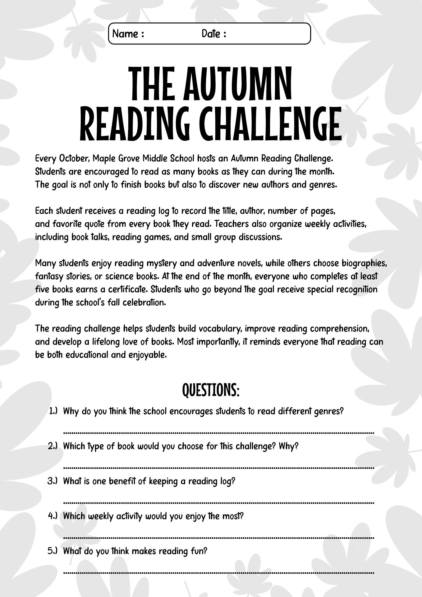 Autumn Reading Challenge Worksheets for Middle School