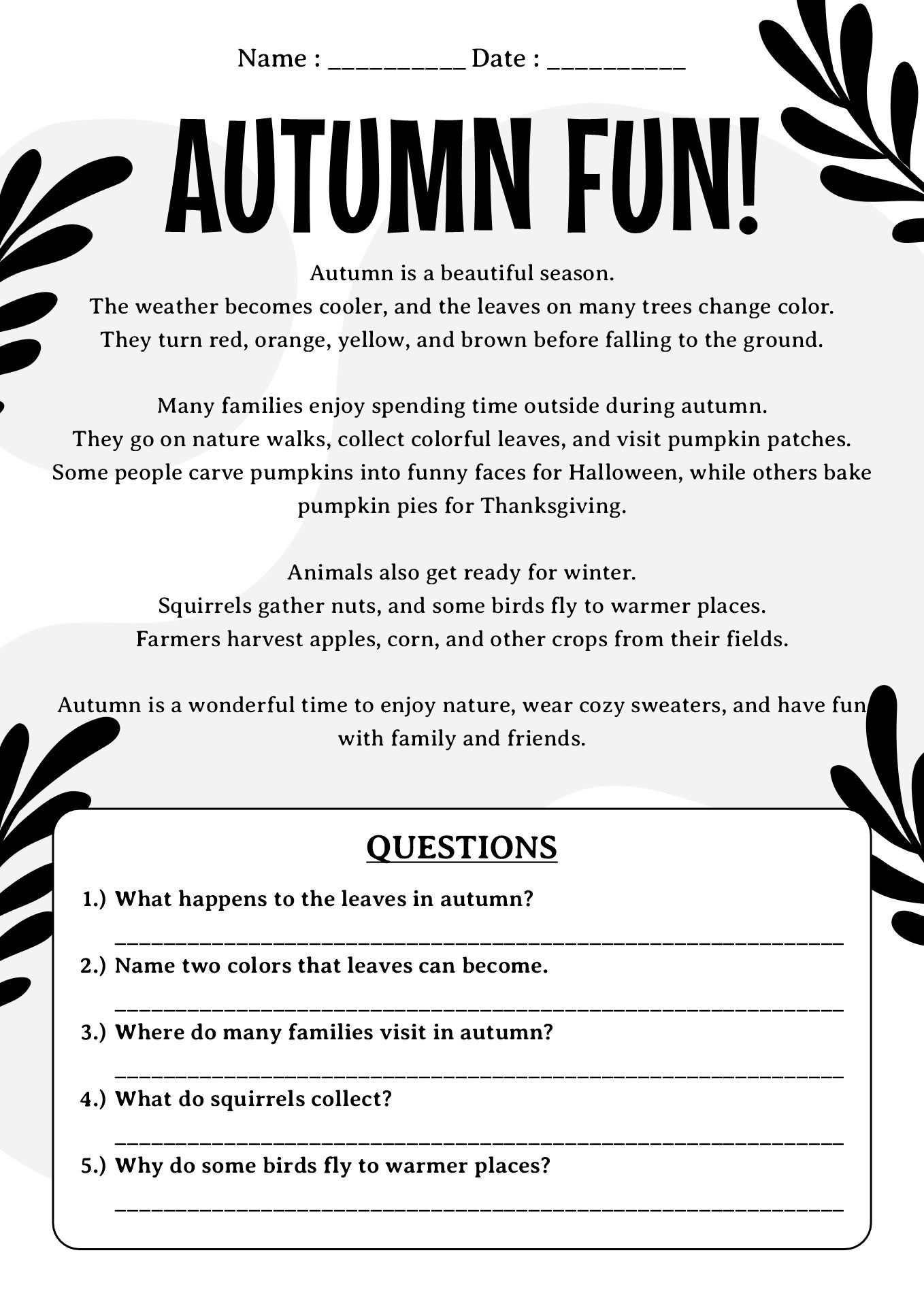 Autumn Reading Comprehension Worksheets