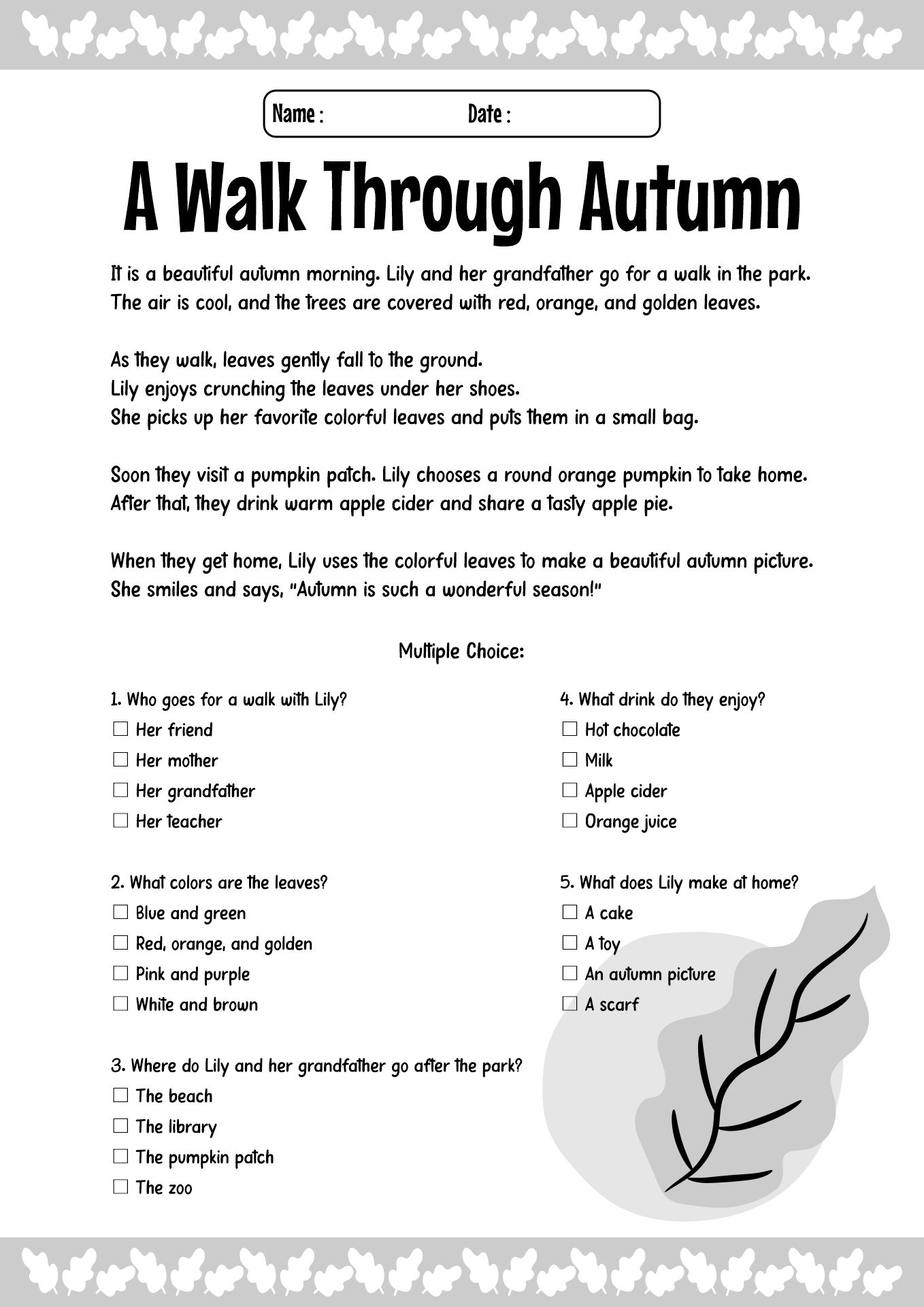 Autumn Season Reading Worksheets for Kids