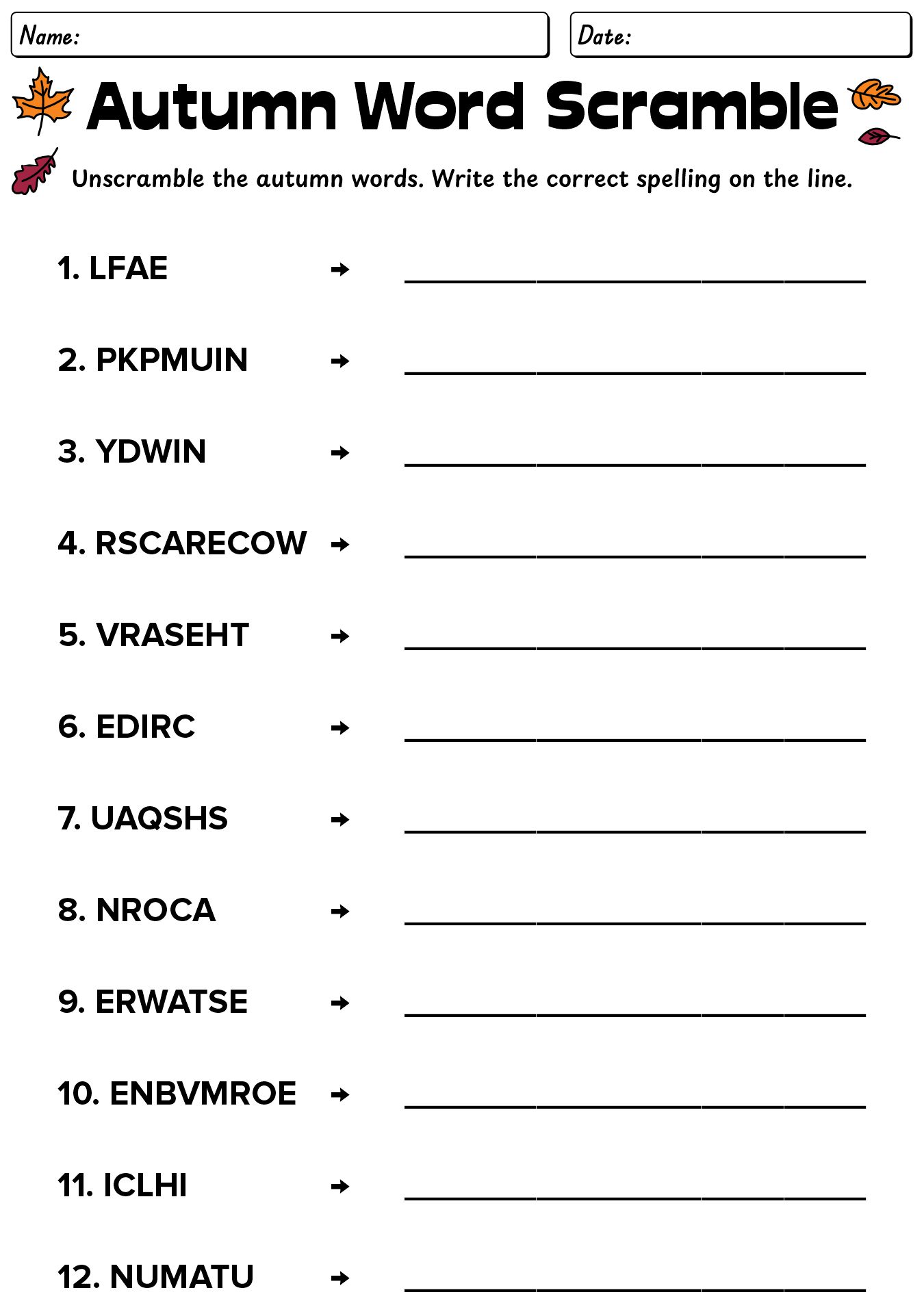 Autumn Word Scramble Worksheets