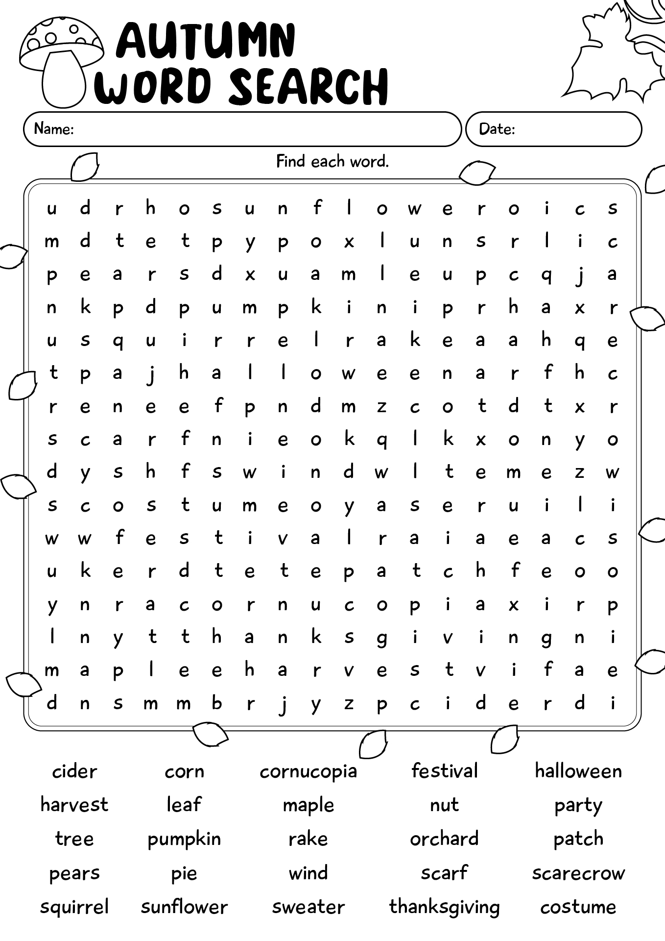 Autumn Word Search Worksheet