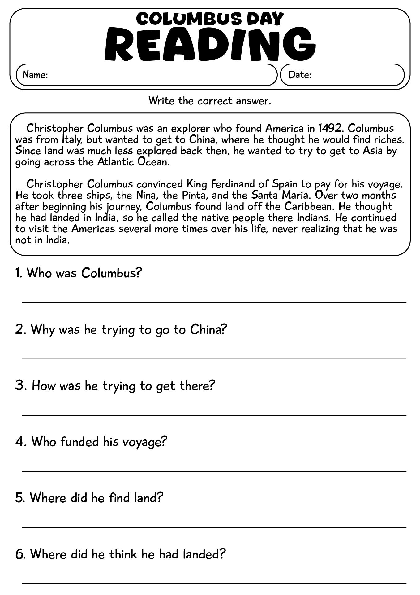 Christopher Columbus Day Reading Comprehension