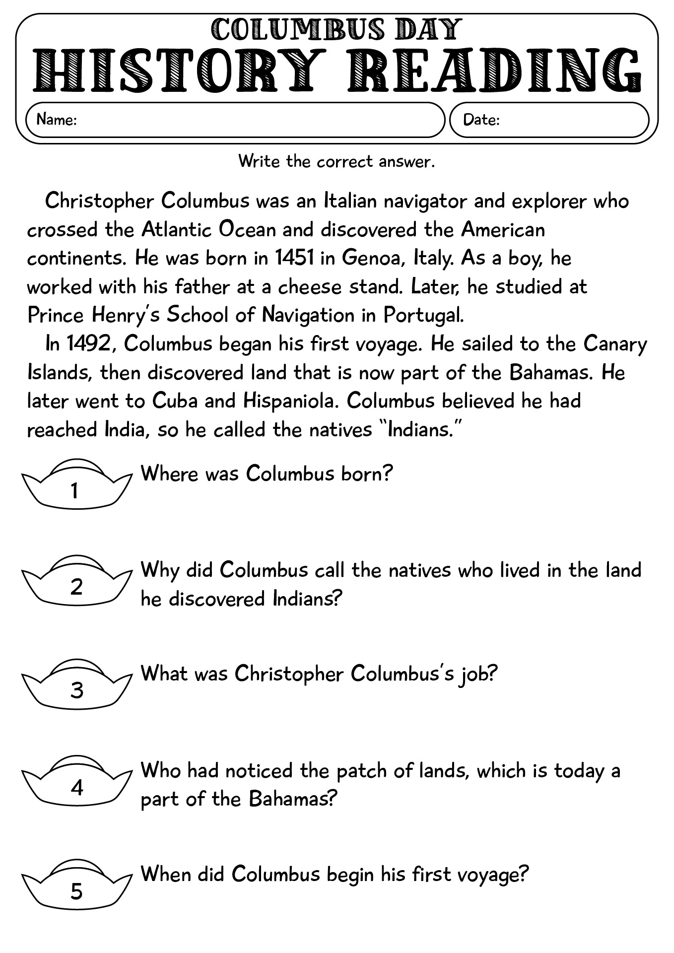 Christopher Columbus History Reading Worksheet