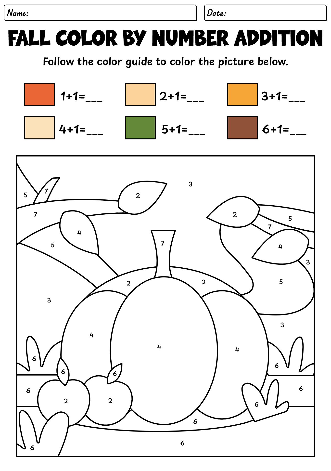 Color By Number Addition Fall Worksheet
