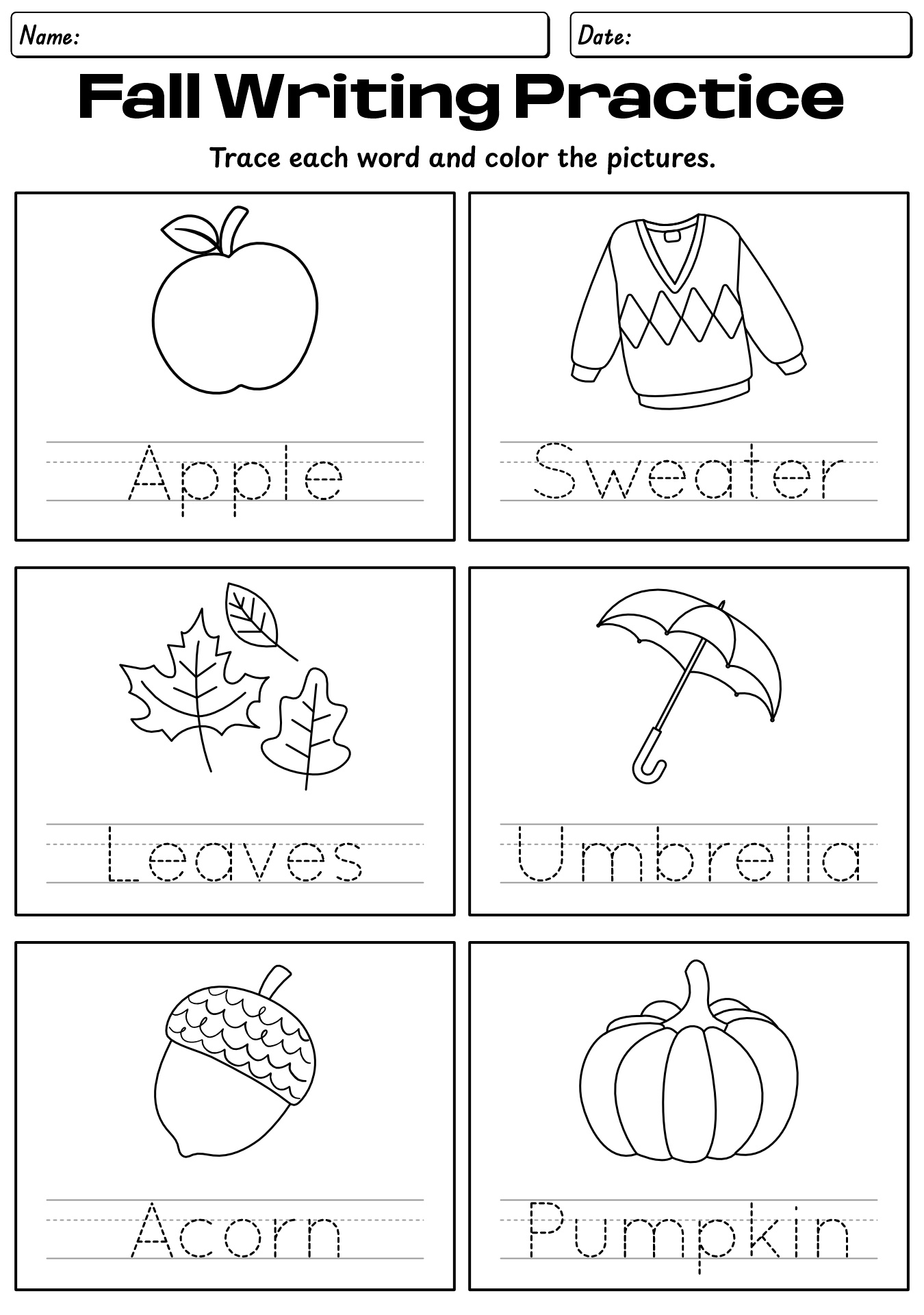 Coloring And Writing Fall Worksheet