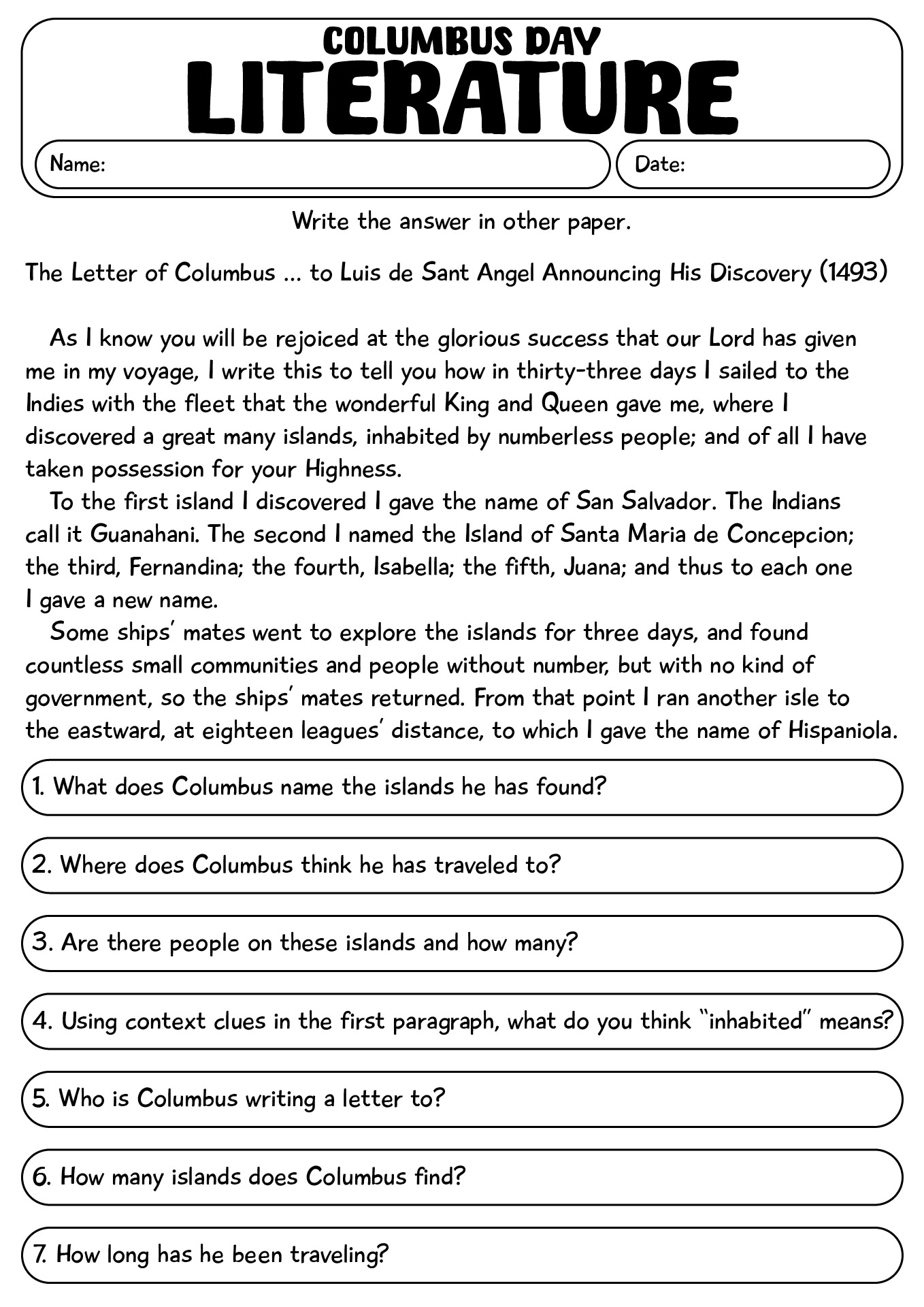 Columbus Day Literature Worksheets