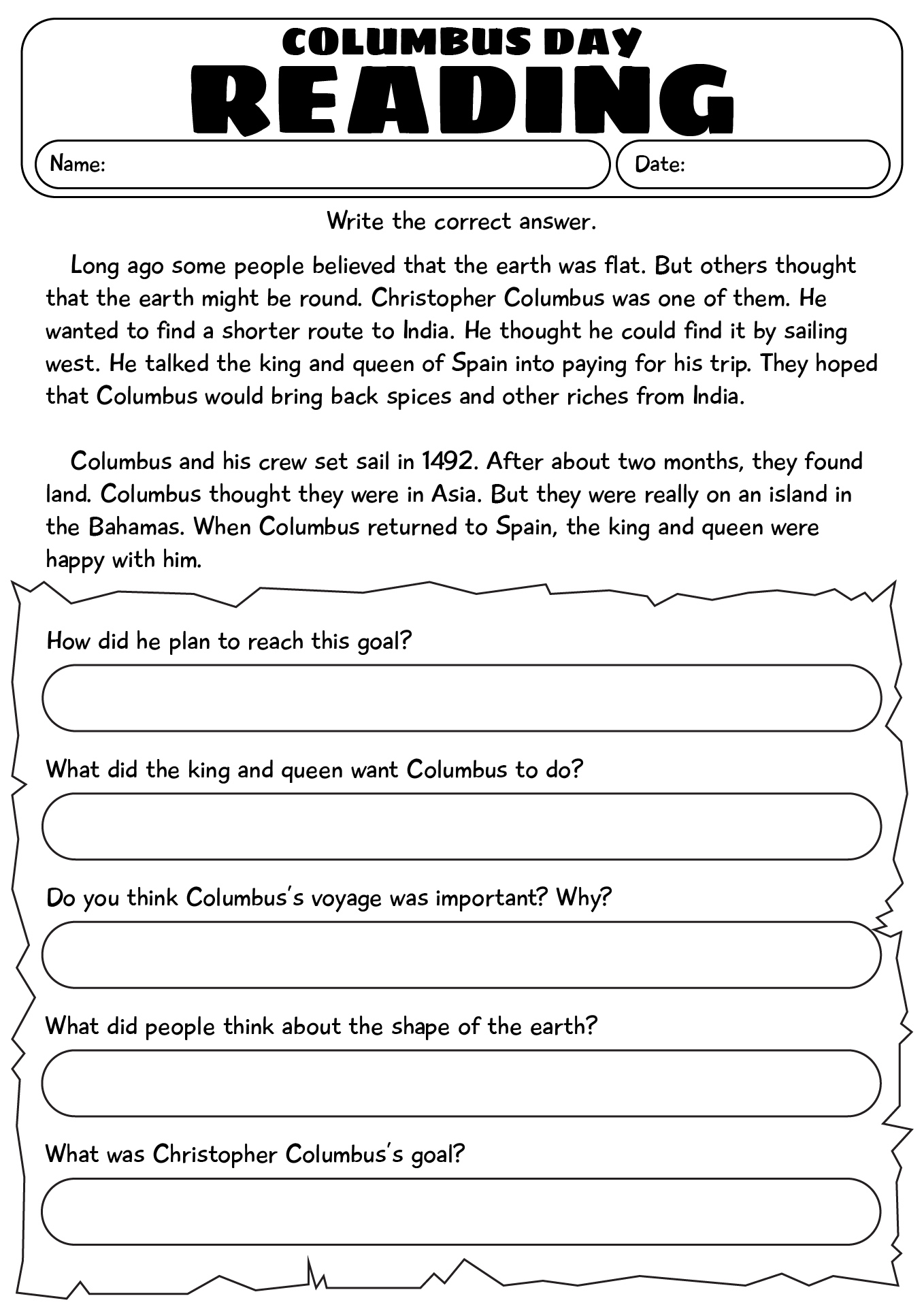 Columbus Day Reading Comprehension Worksheet