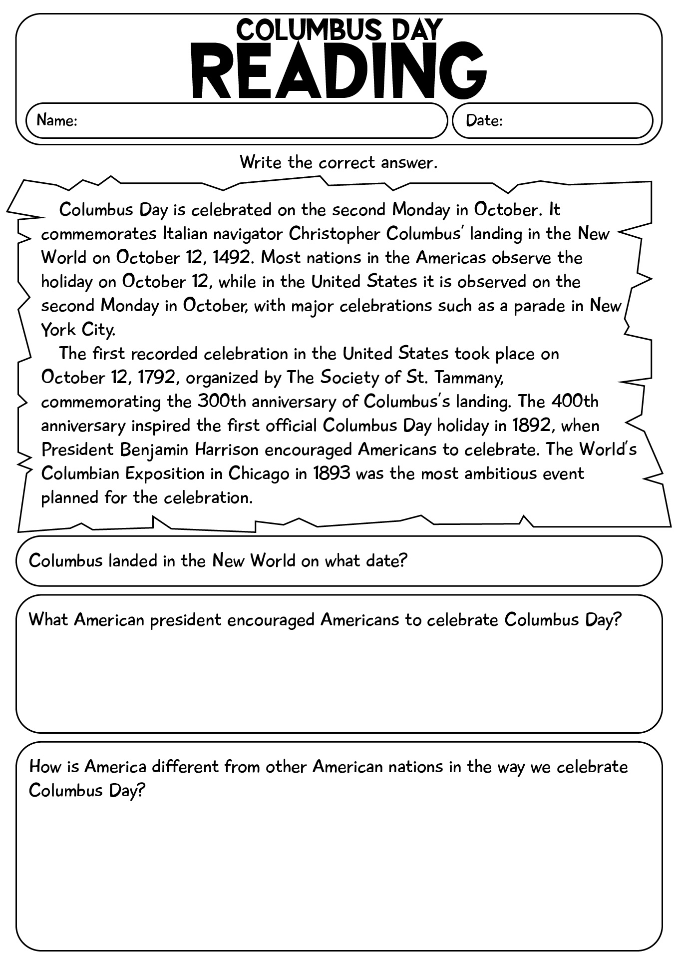 Columbus Day Reading Worksheet For Students