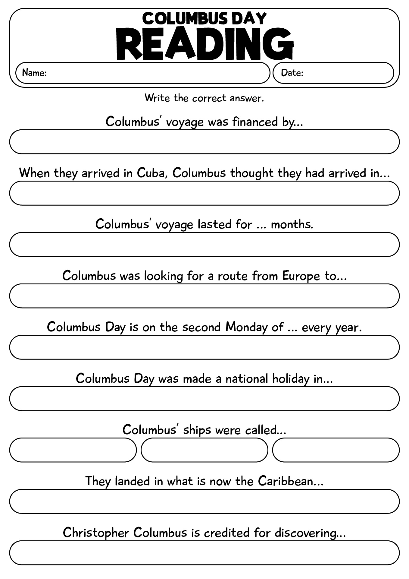Columbus Day Reading Worksheet With Questions