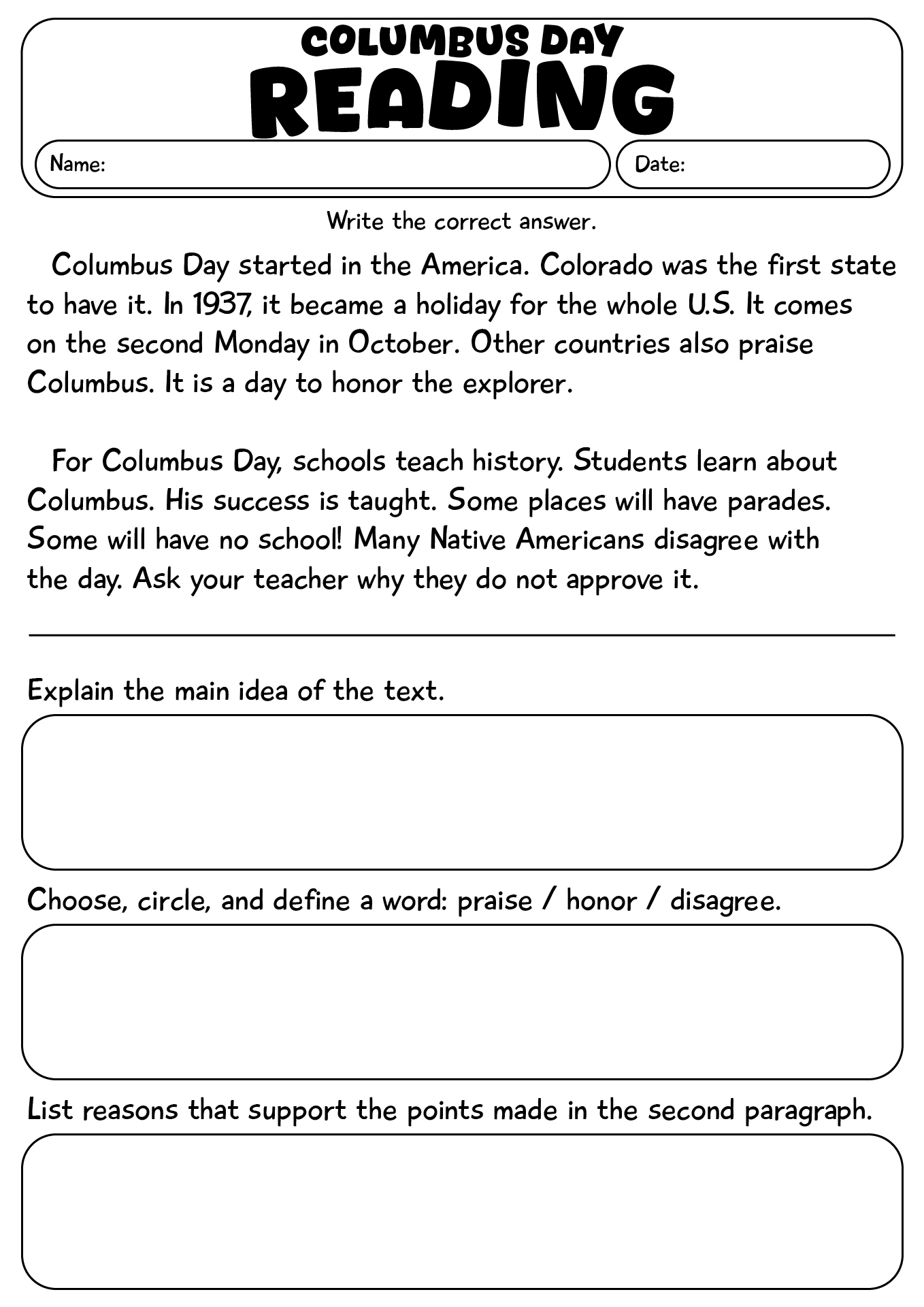 Columbus Day Reading Worksheets For Learners