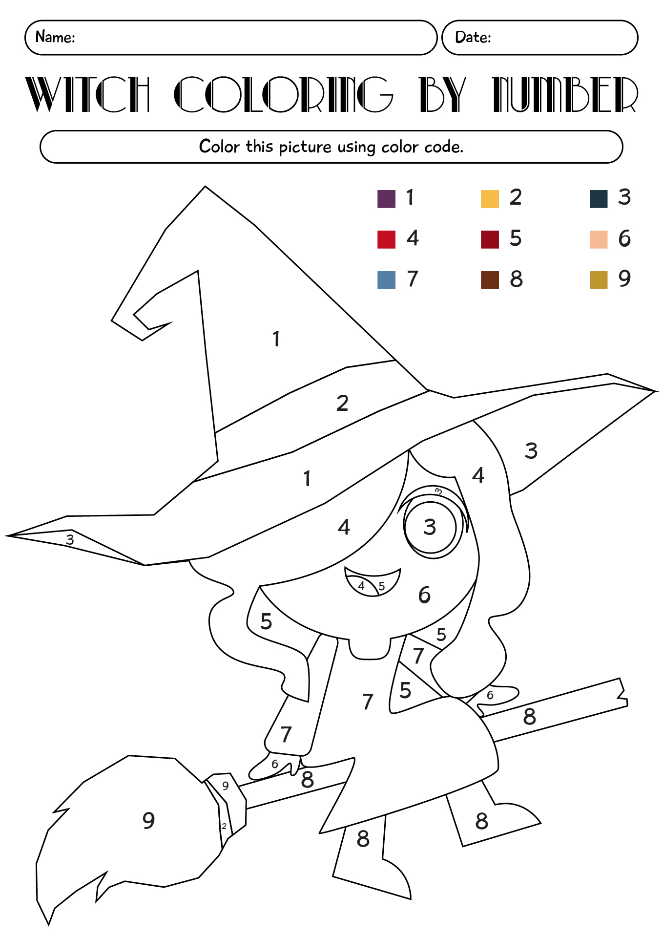 Cute Witch Coloring By Number Worksheet