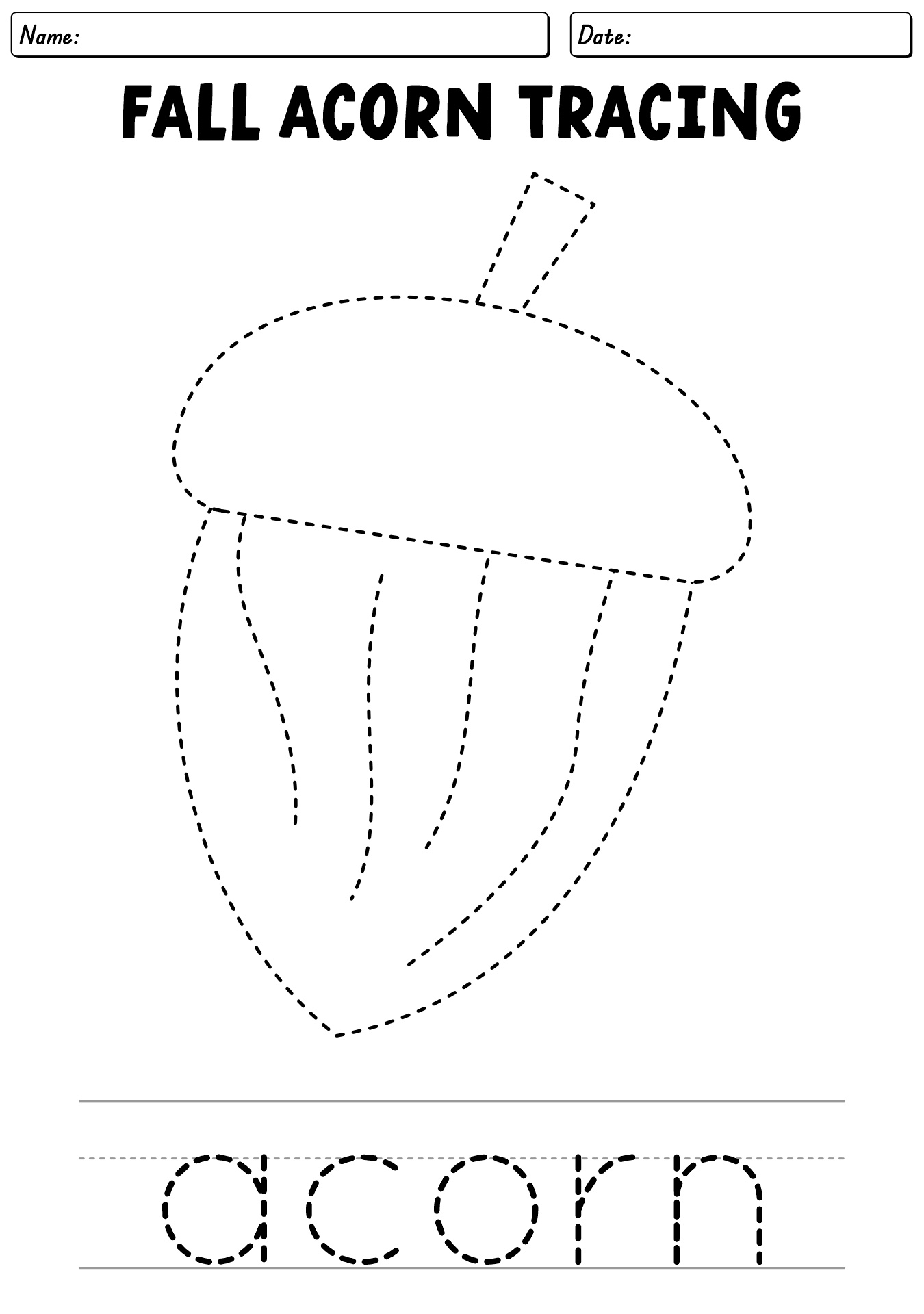 Fall Acorn Tracing For Preschool Activity Worksheet