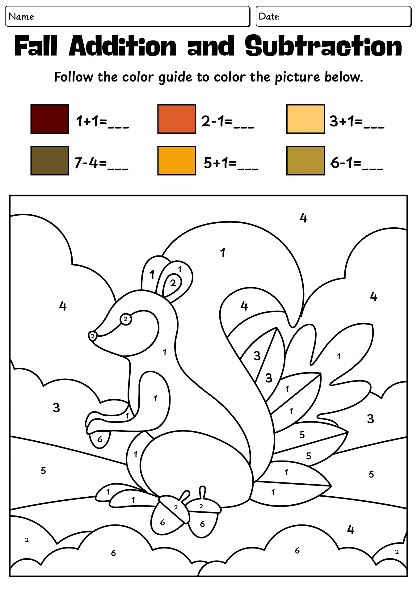Fall Addition And Subtraction Coloring Worksheets