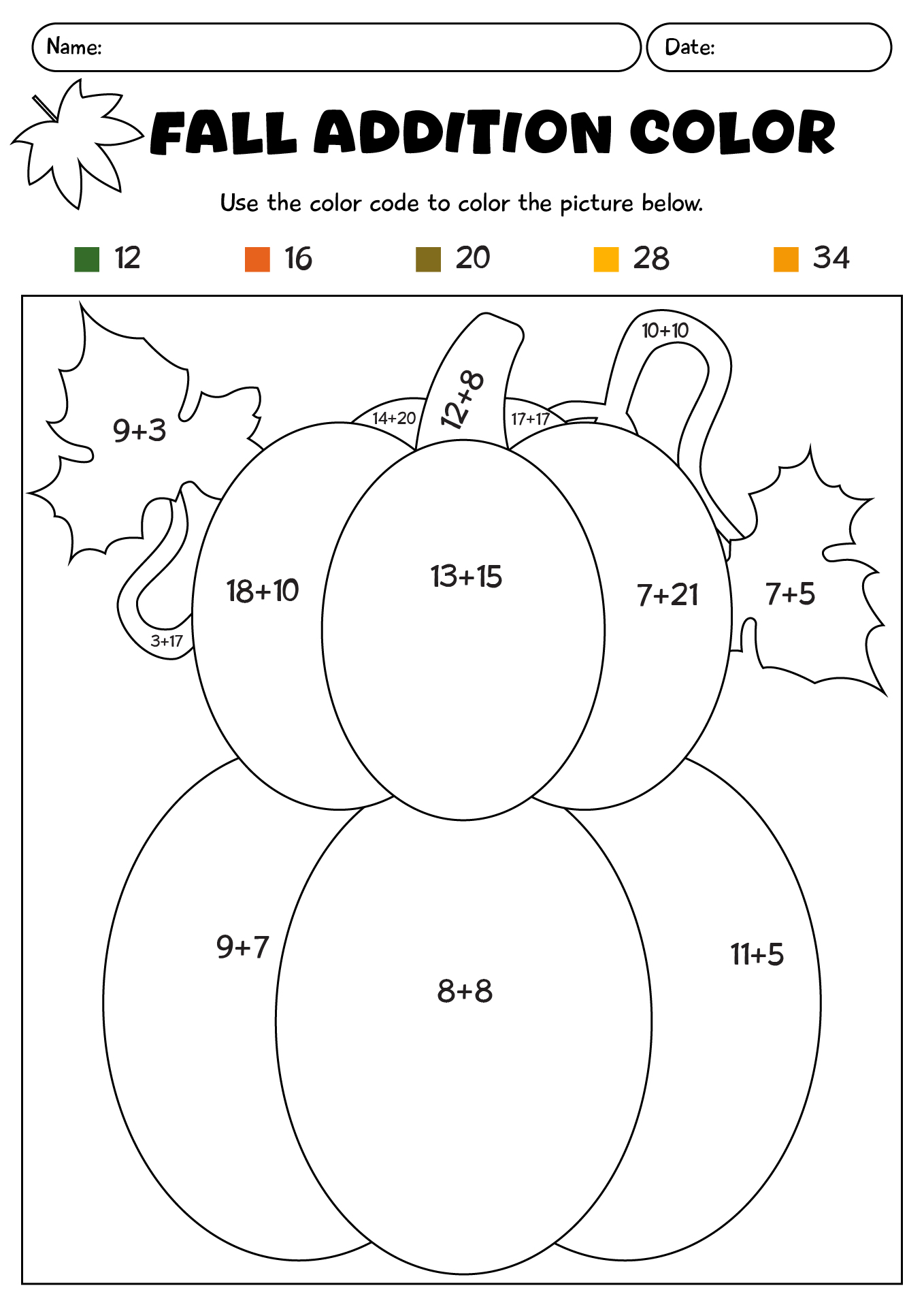 Fall Addition Color By Number Worksheet