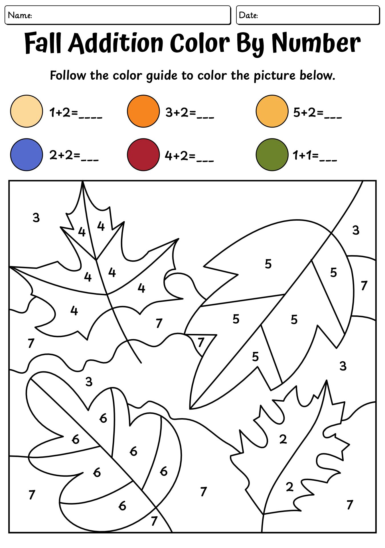 Fall Addition Color By Number Worksheets