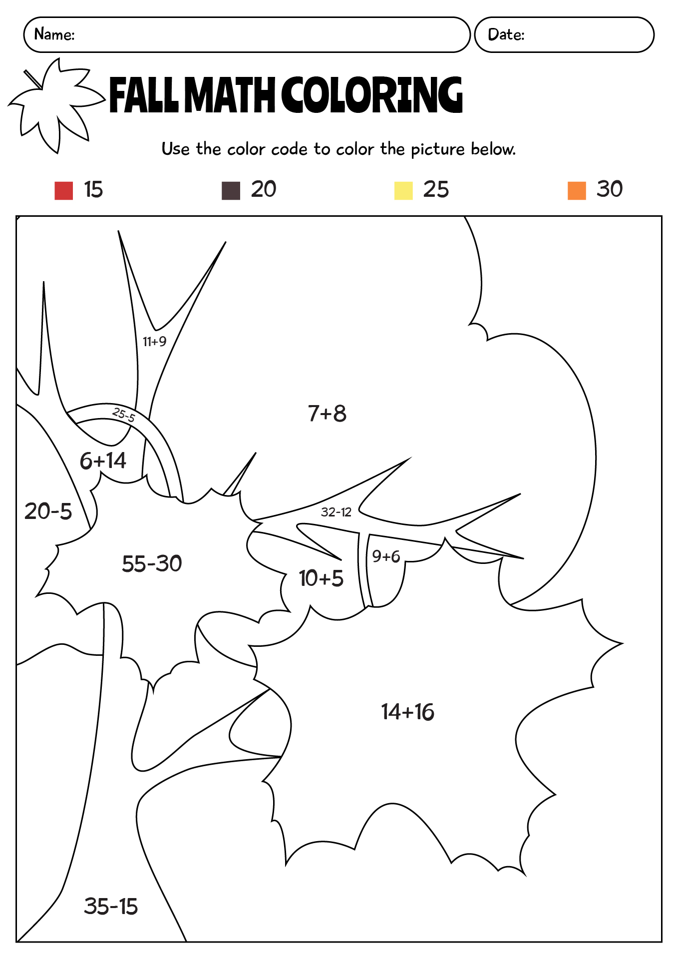 Fall Color By Addition And Subtraction Worksheet