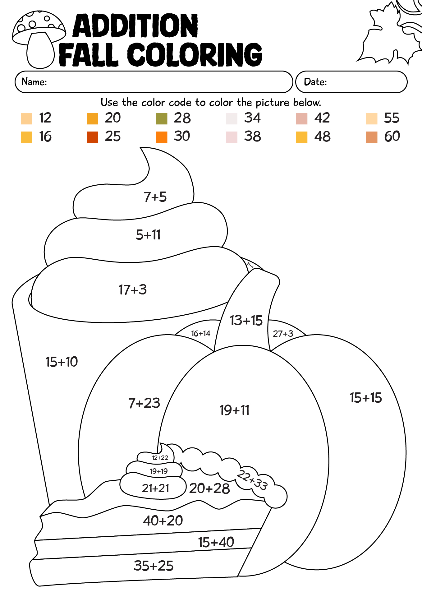 Fall Color By Code Math Worksheet