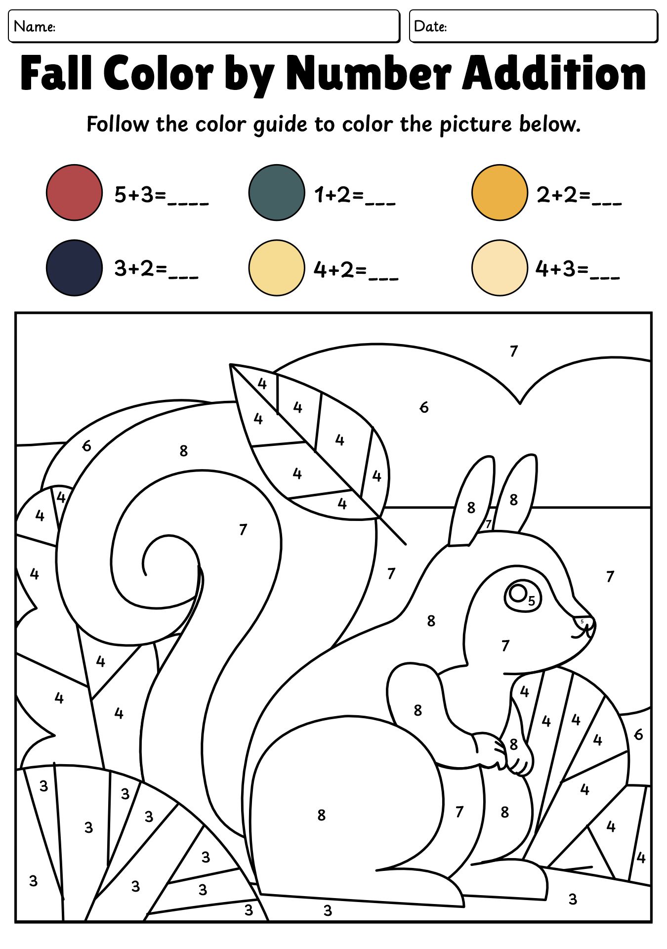 Fall Color By Number Addition Worksheet