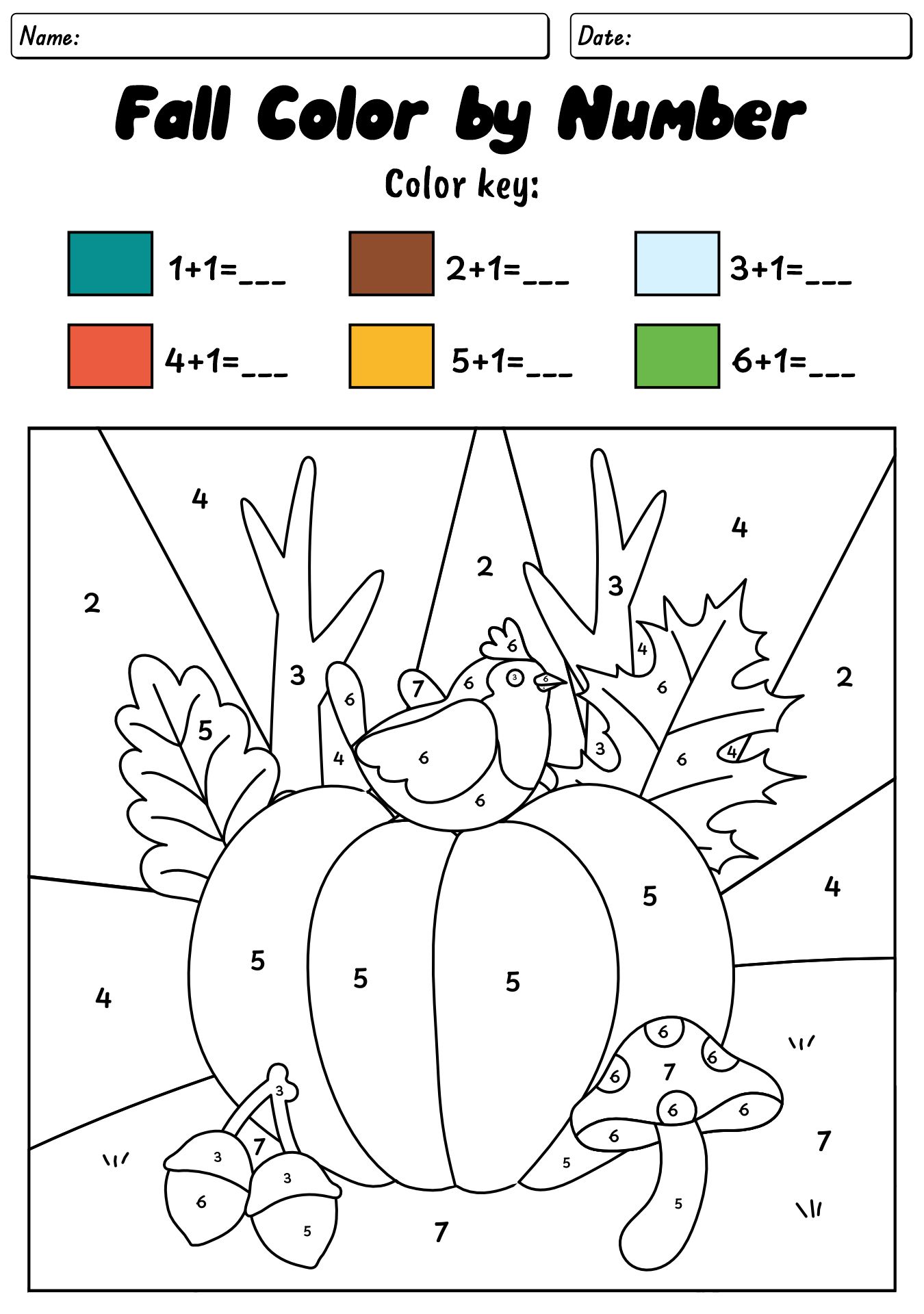 Fall Color By Number Addition Worksheets