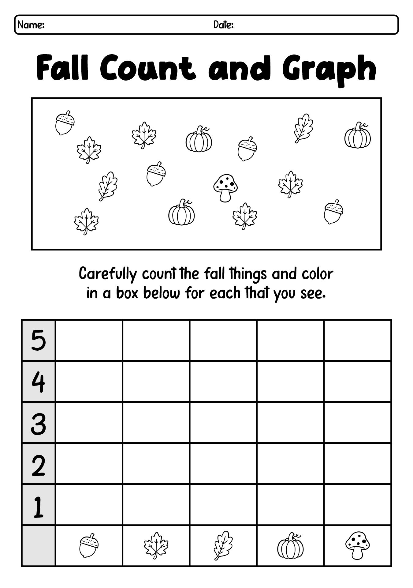 Fall Count and Graphs Worksheets for 1st Graders