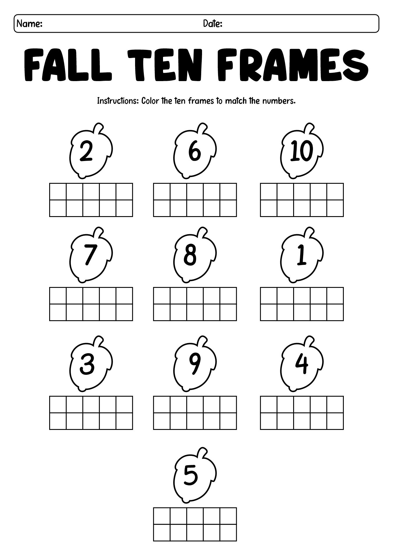Fall Counting 1 to 10 Worksheets for First Grade