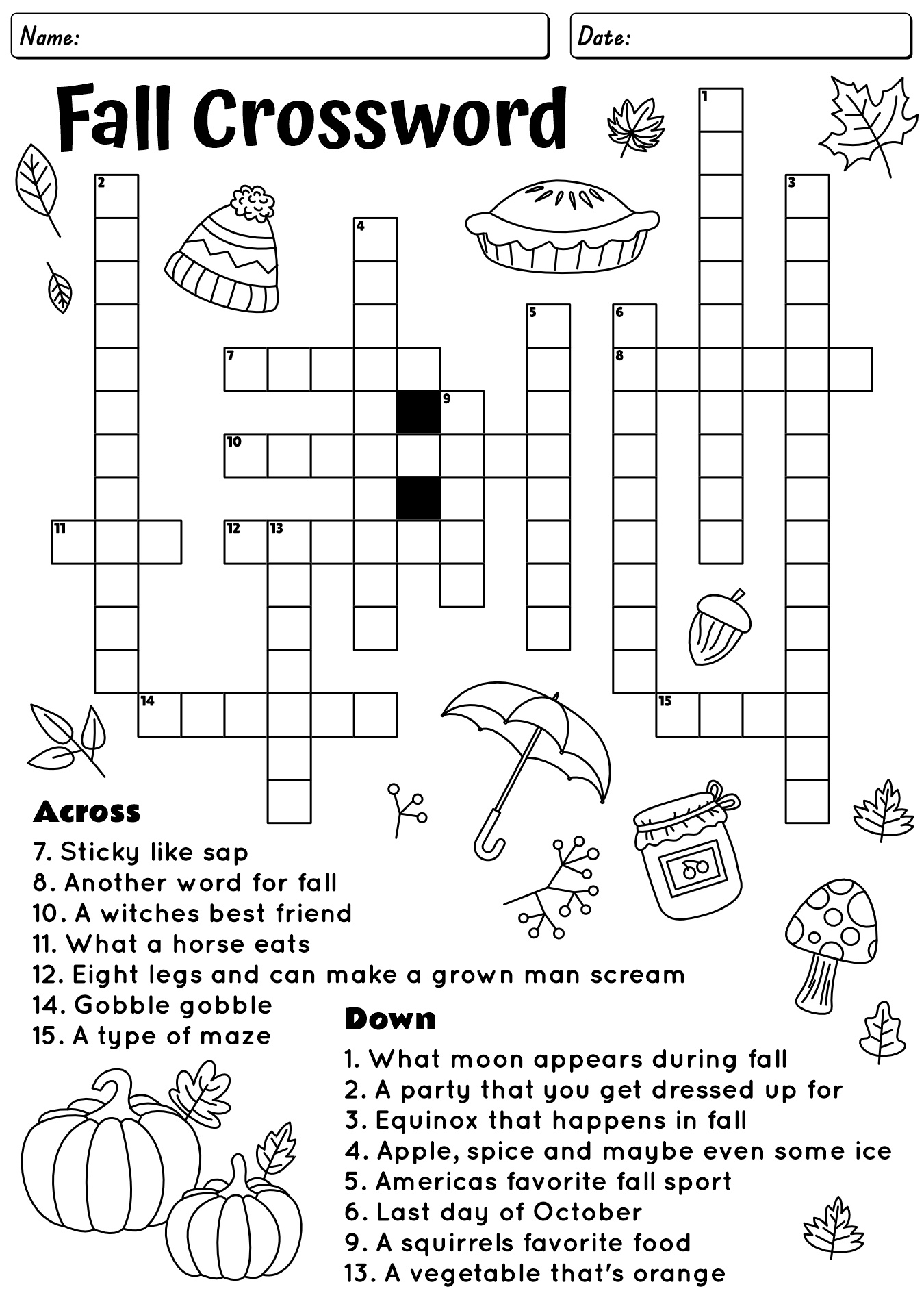 Fall Crossword Worksheet For 1st Grade