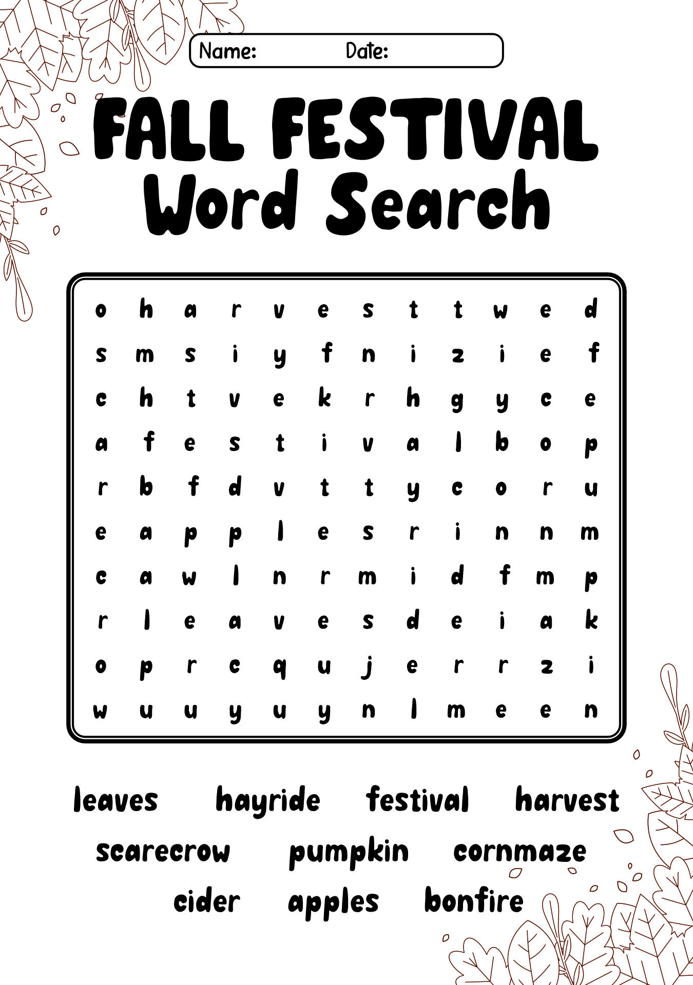 Fall Festival Word Search Puzzles