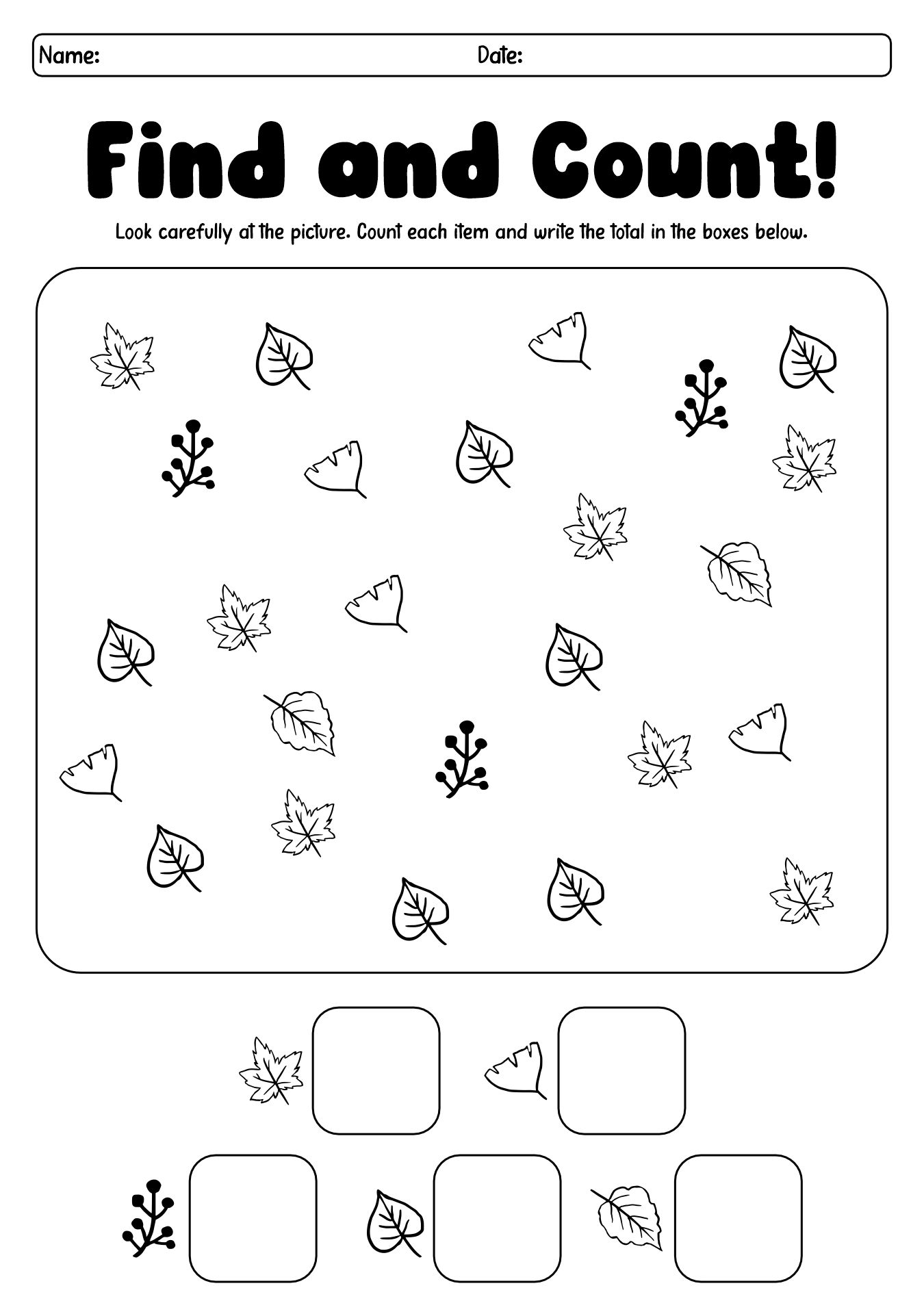 Fall Find and Count Worksheets for First Grade