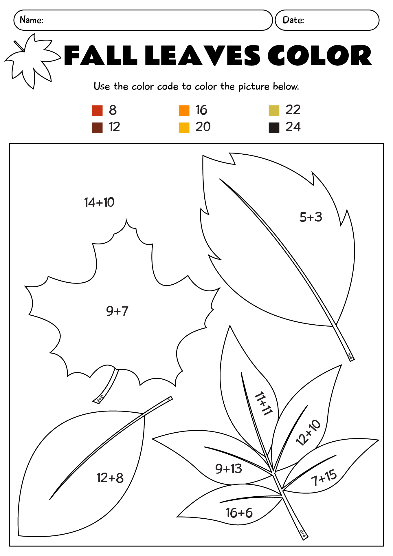 Fall Leaves Color By Addition Worksheet