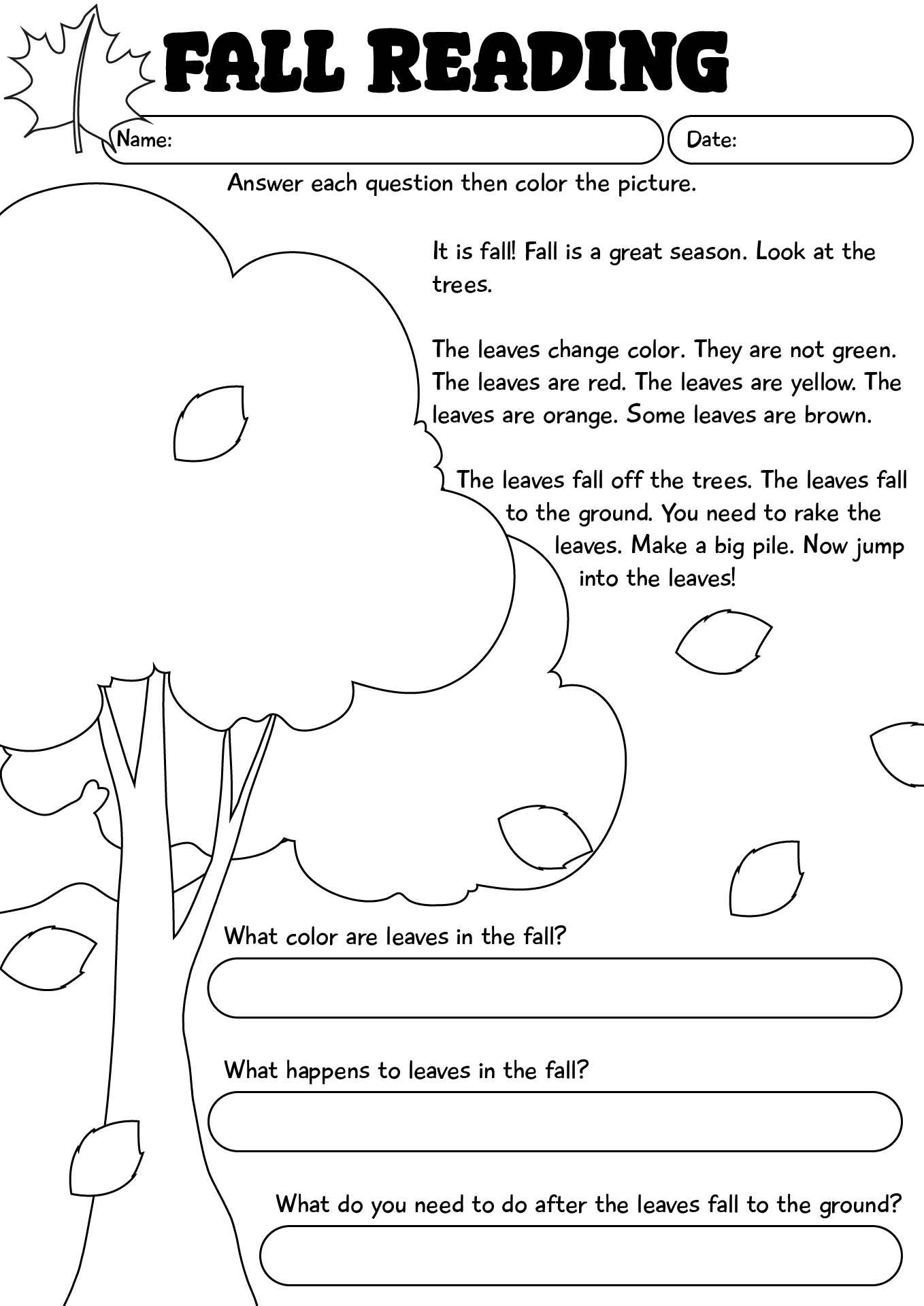 Fall Leaves Reading Comprehension Worksheet