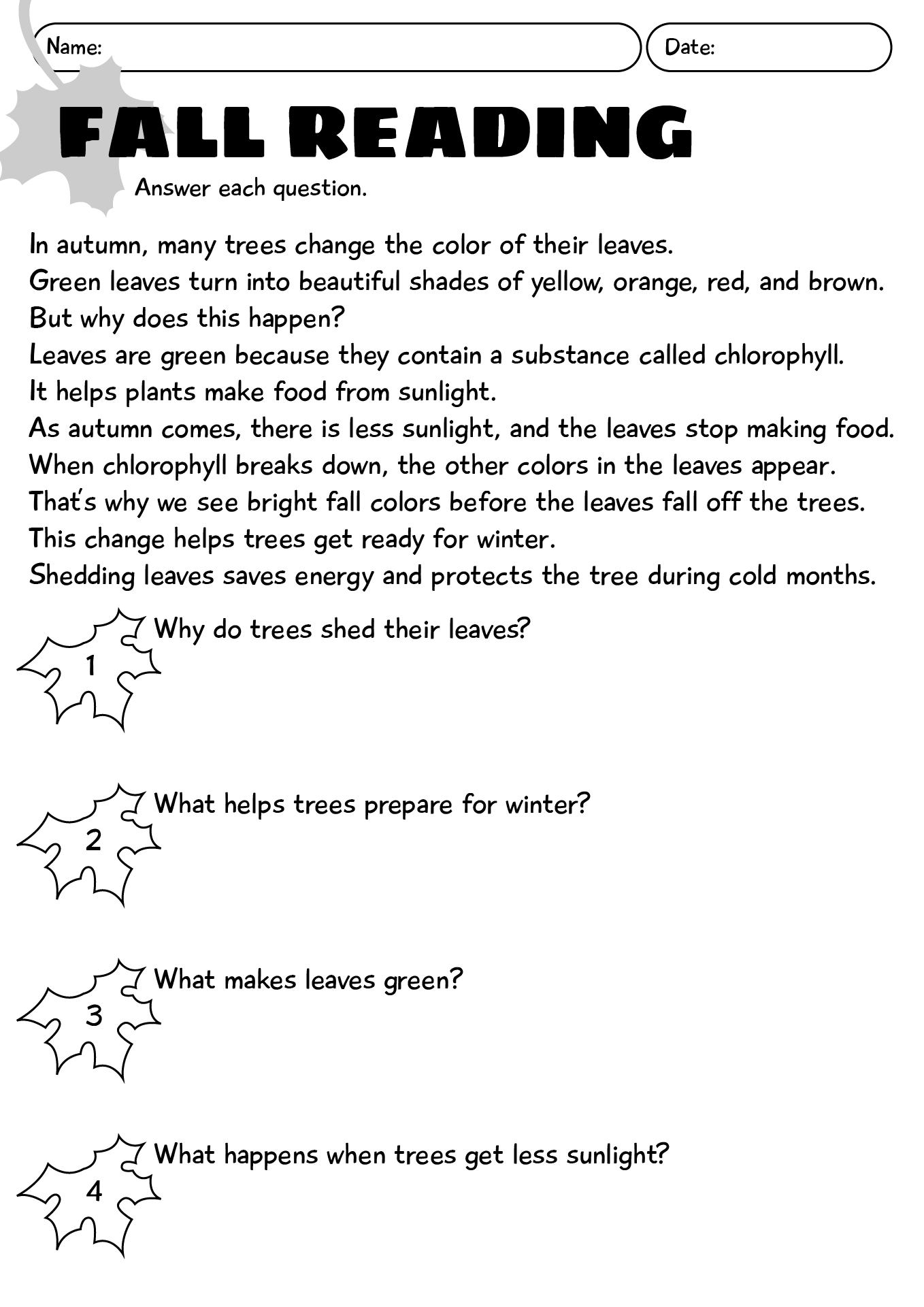 Fall Leaves Reading Comprehension Worksheet
