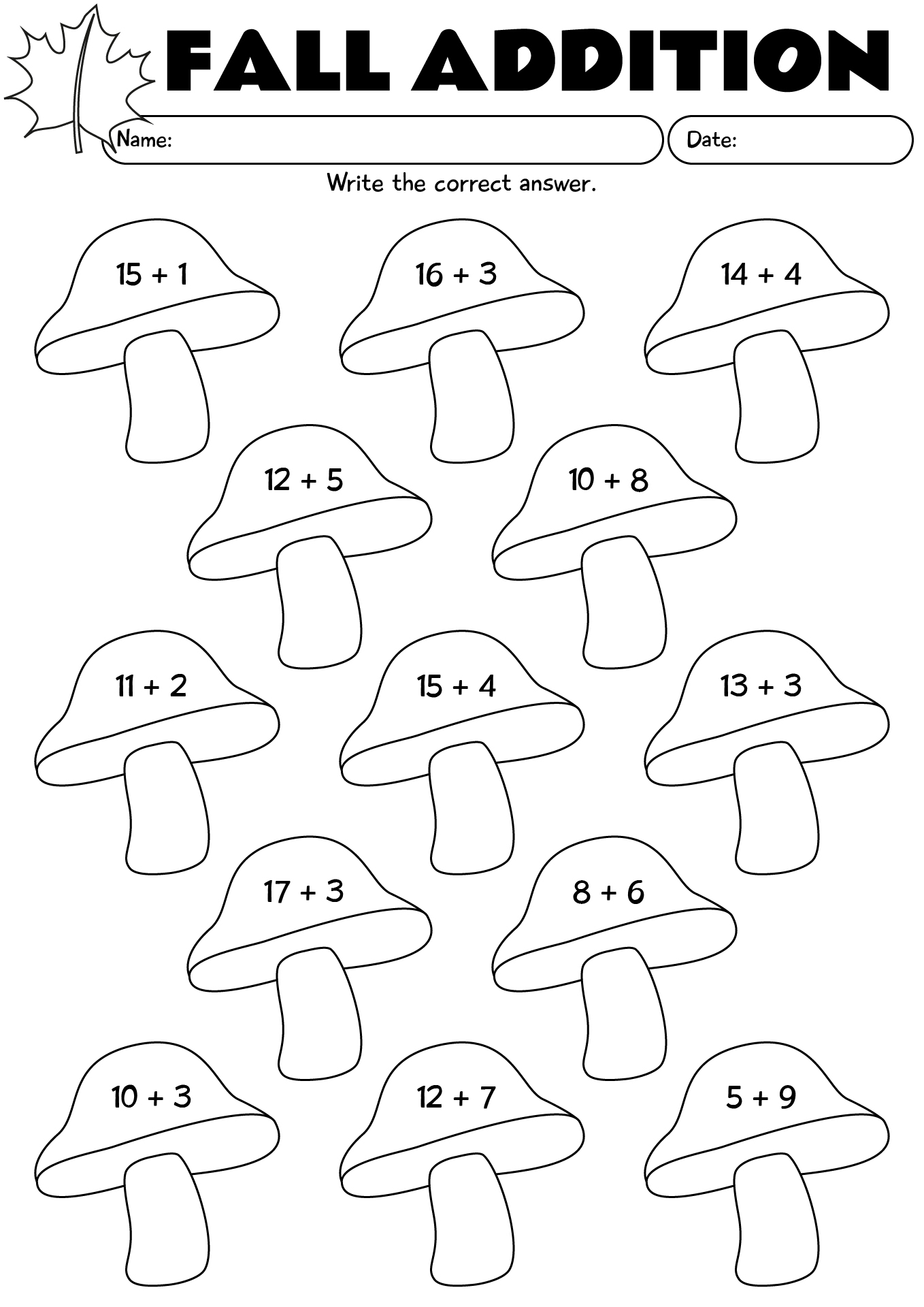 Fall Math Addition Worksheets For 1st Grade