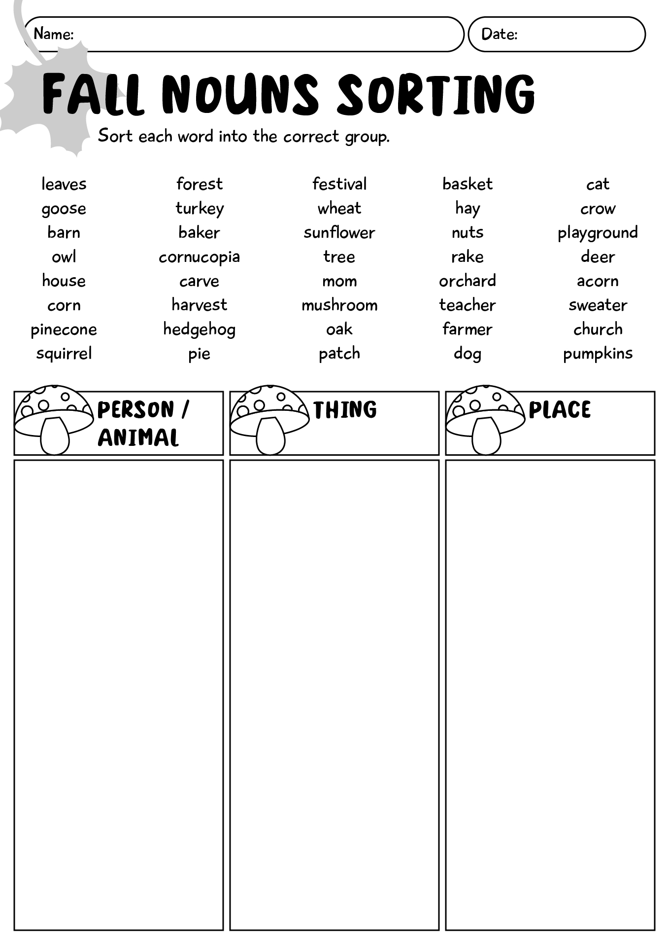 Fall Nouns Sorting Worksheet