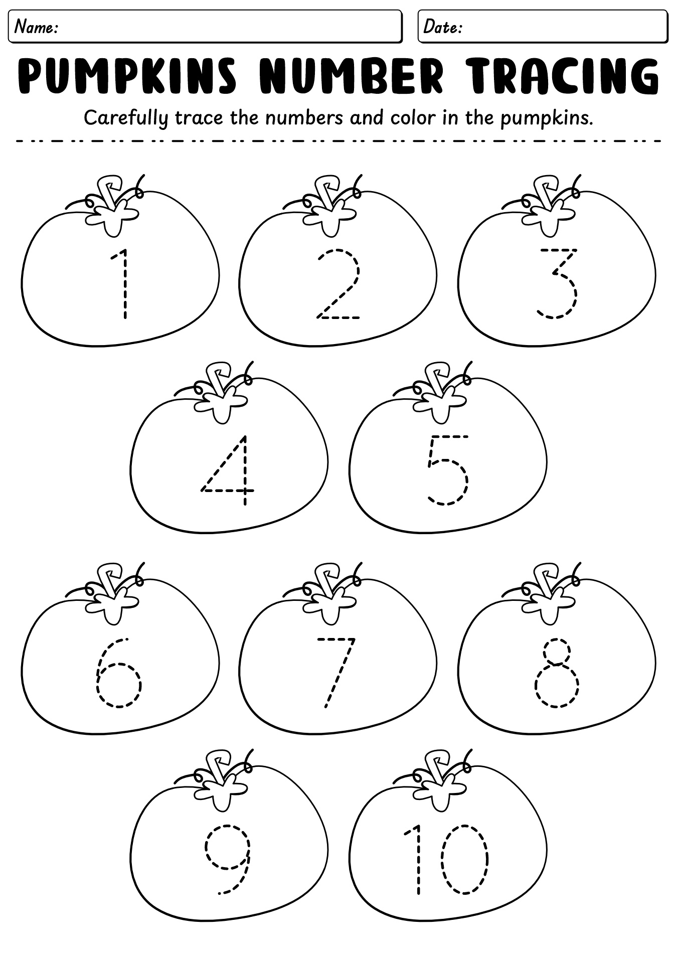 Fall Number In Pumpkin Worksheet For Preschool