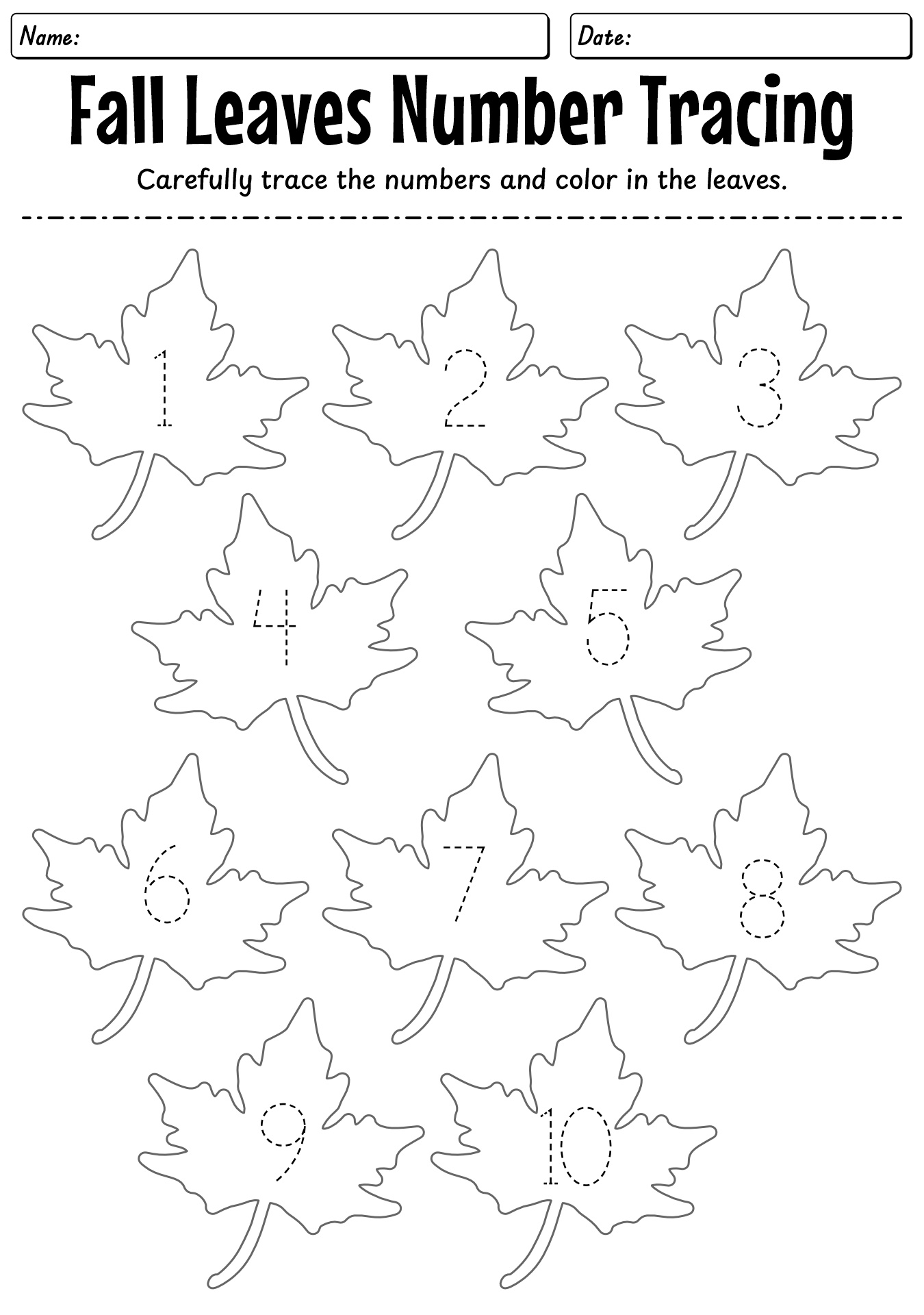 Fall Number Tracing Worksheets For Preschool
