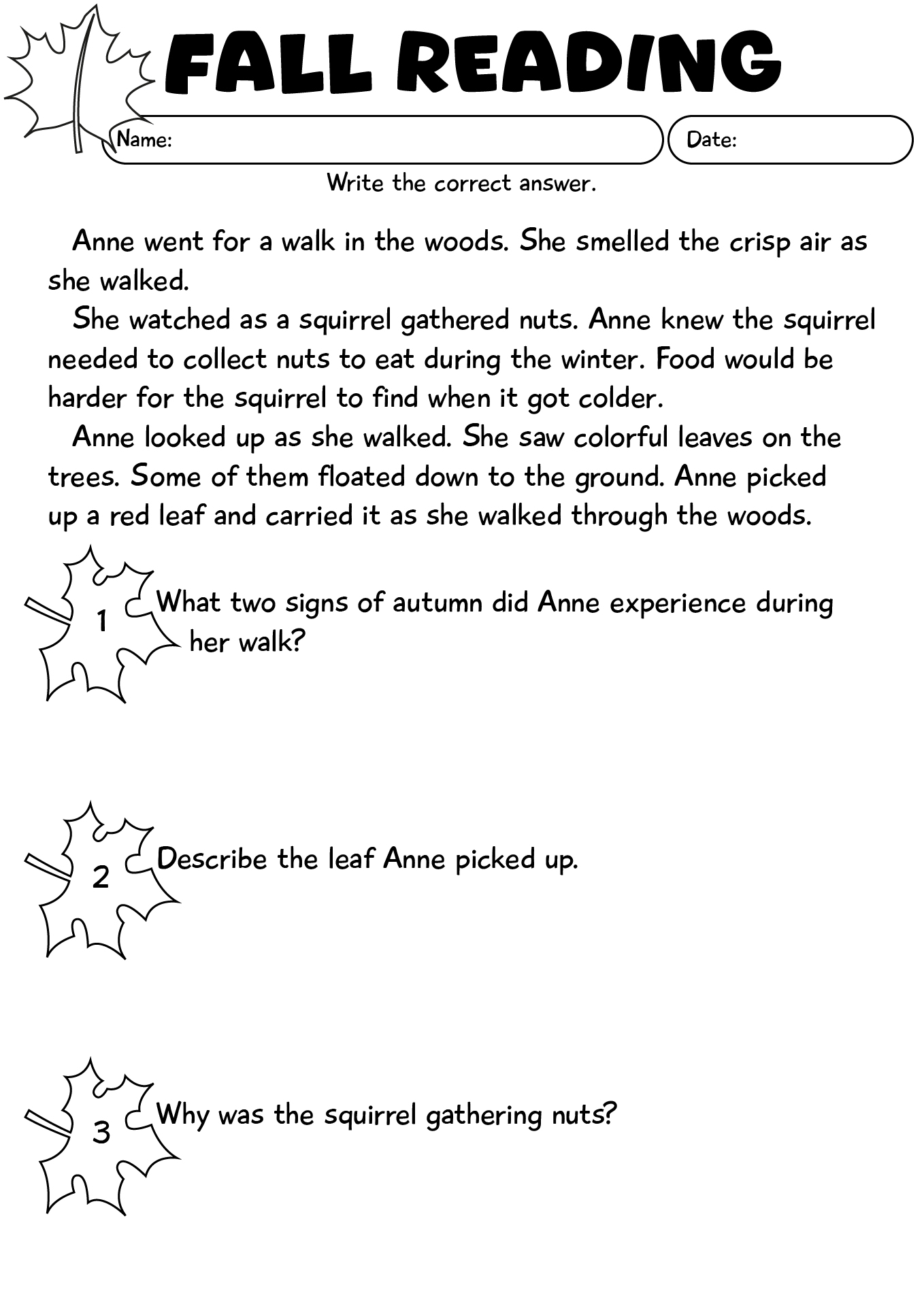 Fall Reading Comprehension Worksheet