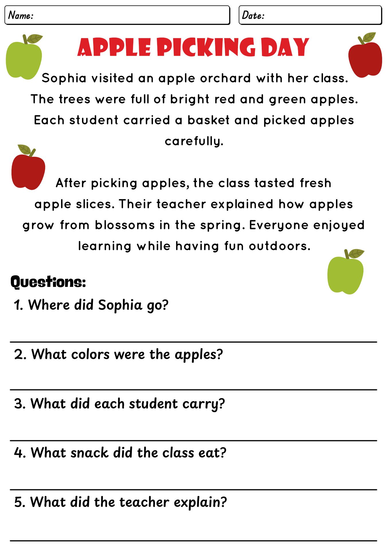 Fall Reading Comprehension Worksheet
