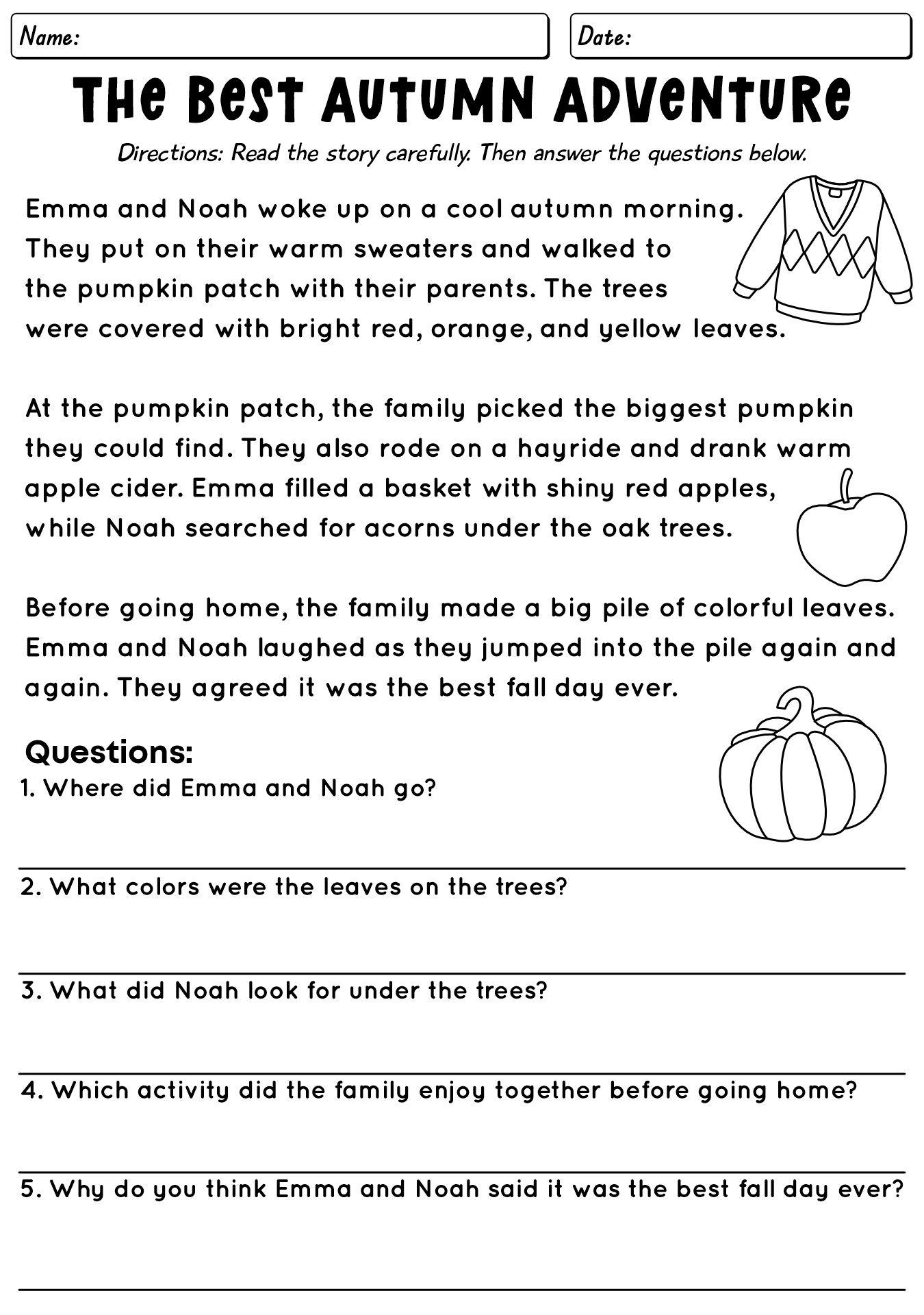 Fall Reading Worksheet For 3rd Grade