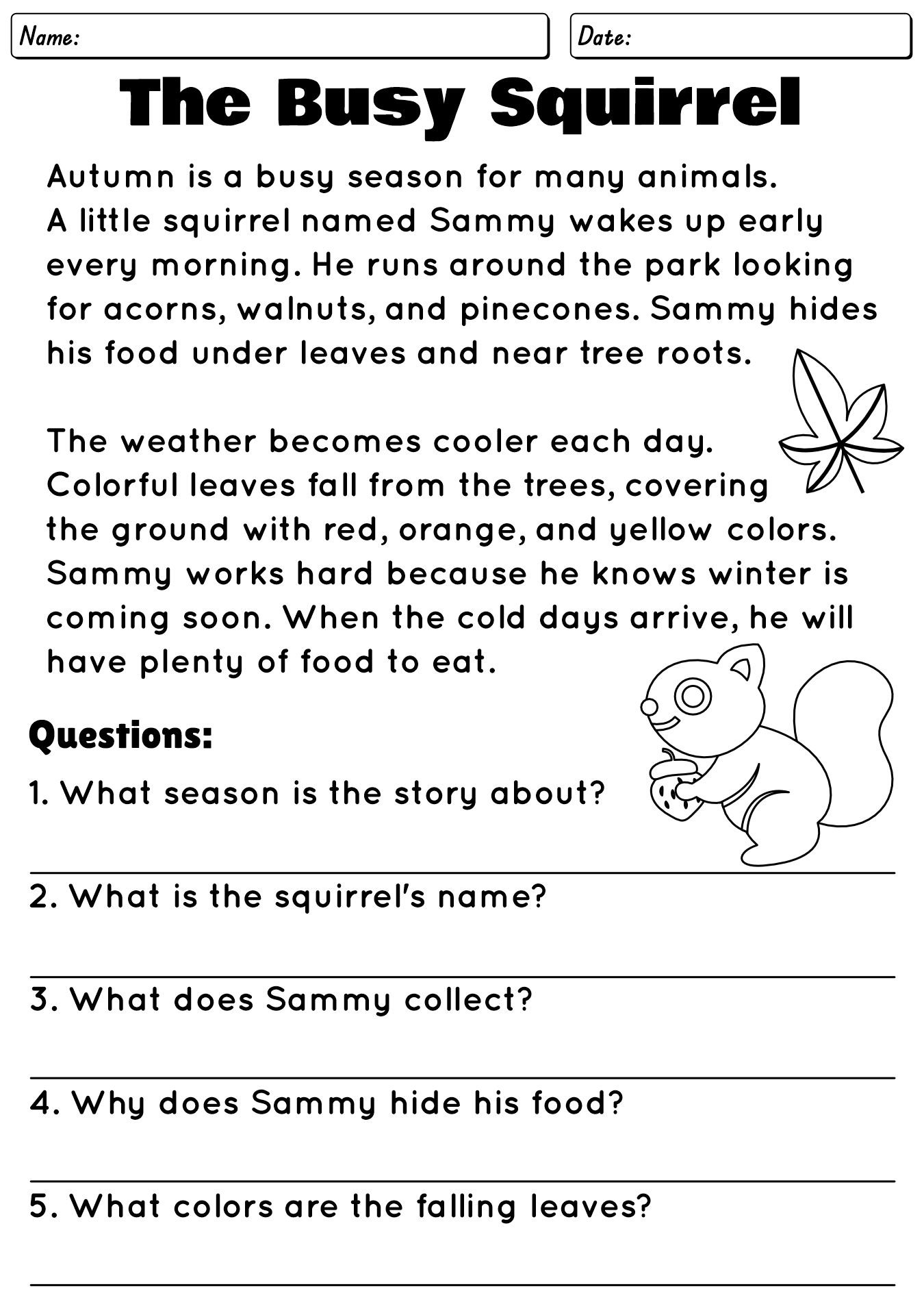 Fall Reading Worksheets for Elementary Students