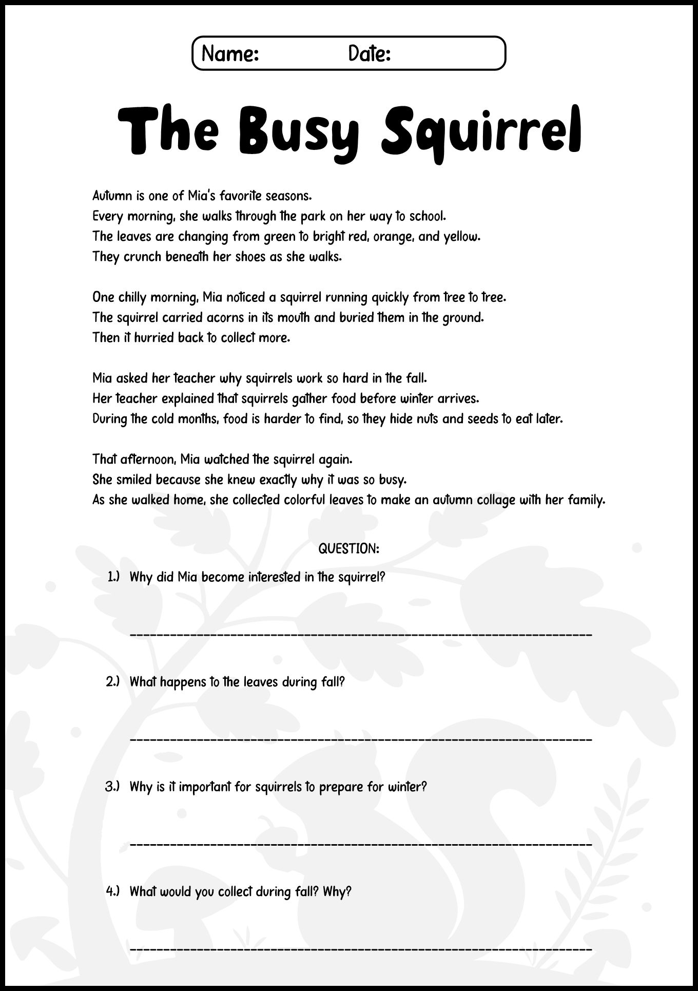 Fall Reading Worksheets for Third Graders