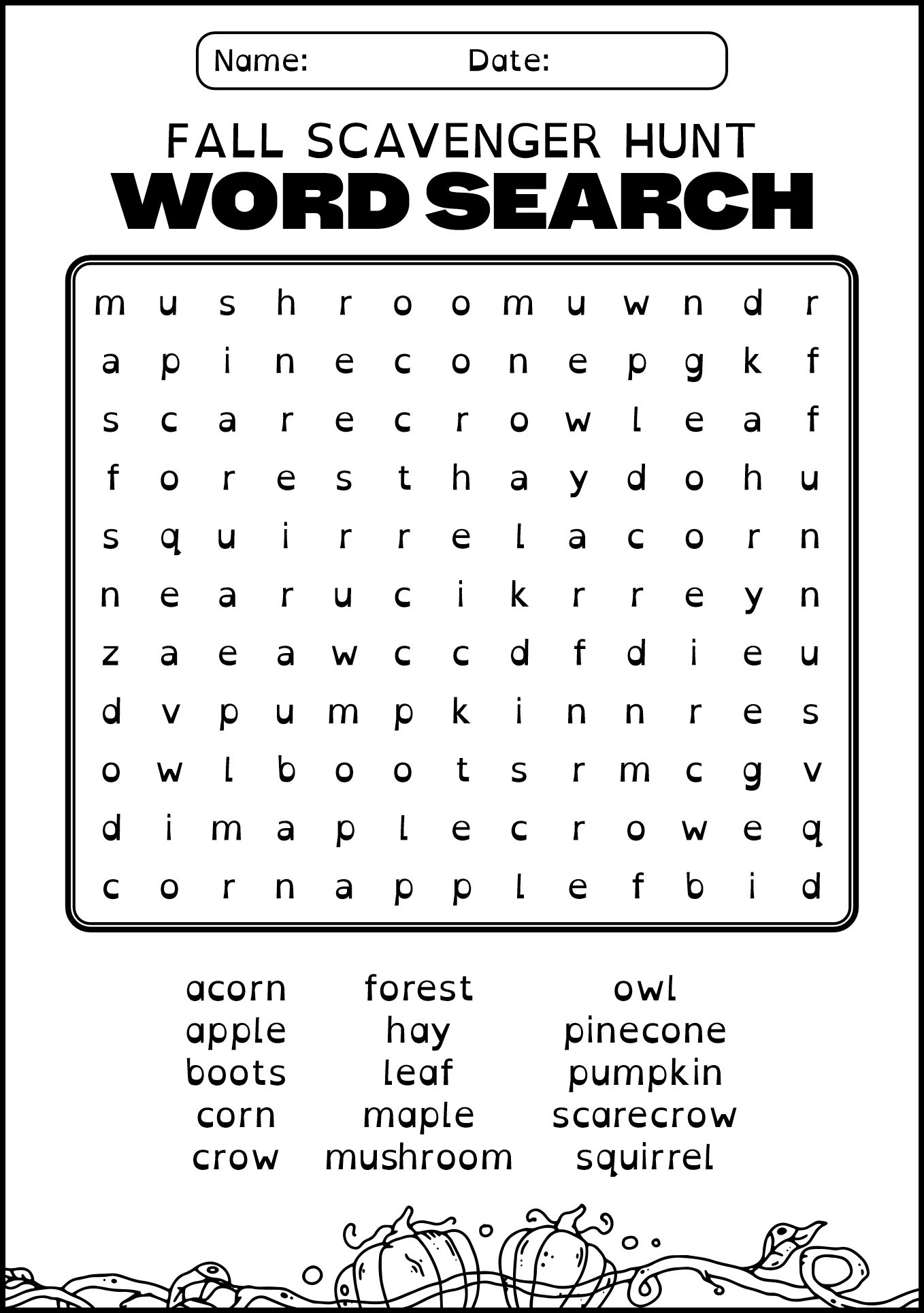 Fall Scavenger Hunt Word Search Worksheets