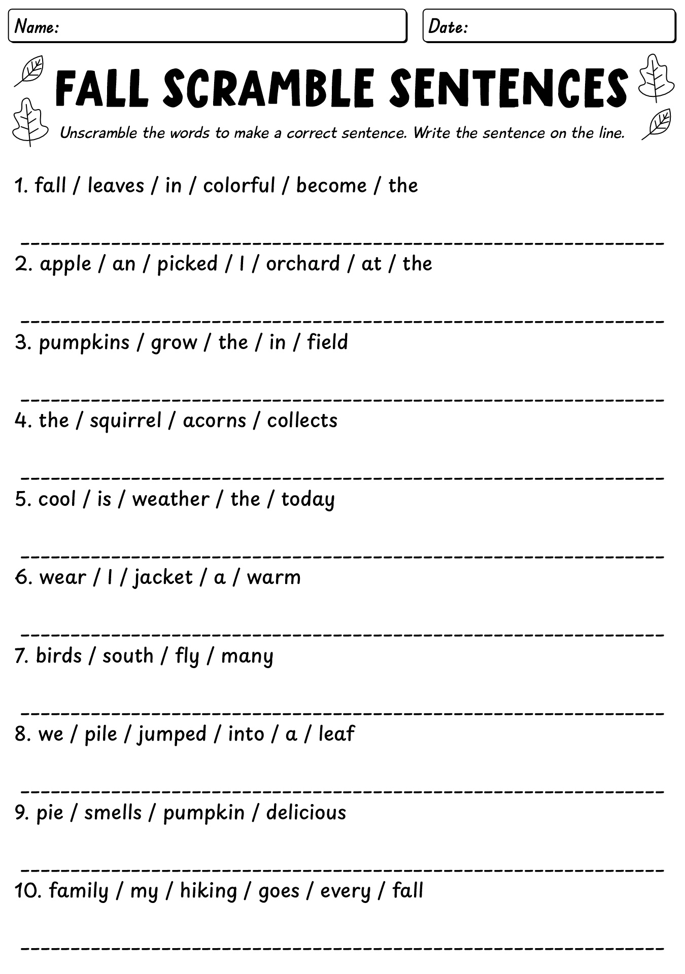 Fall Scramble Sentences Worksheet