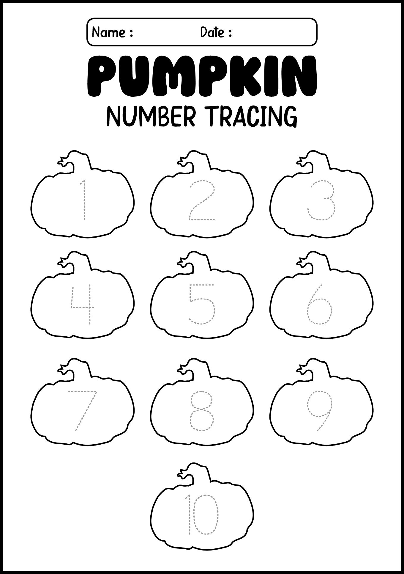 Fall Season Pumpkin Number Tracing Worksheet