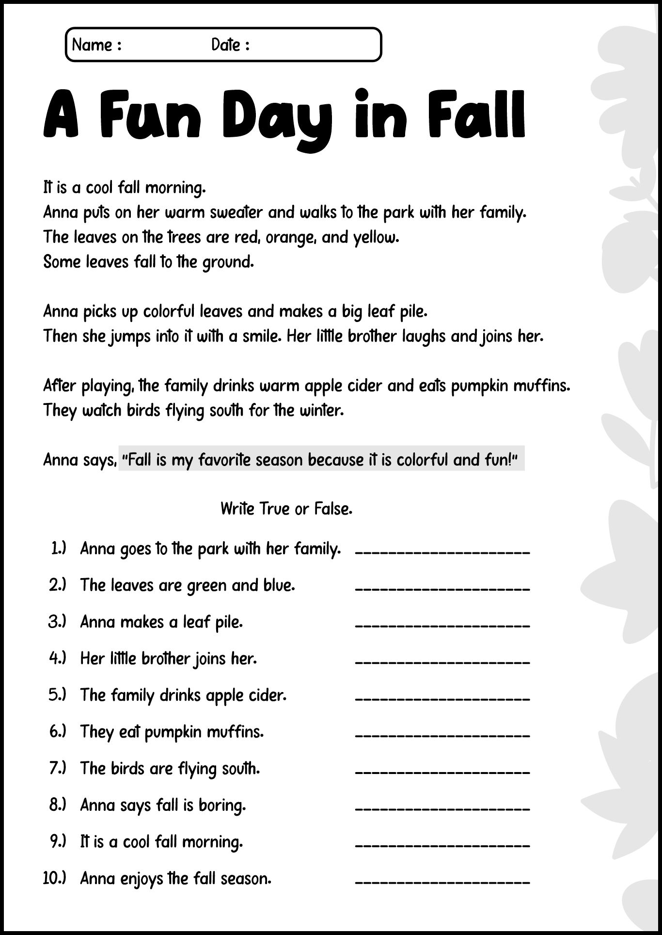Fall Season Reading Worksheet for Kids