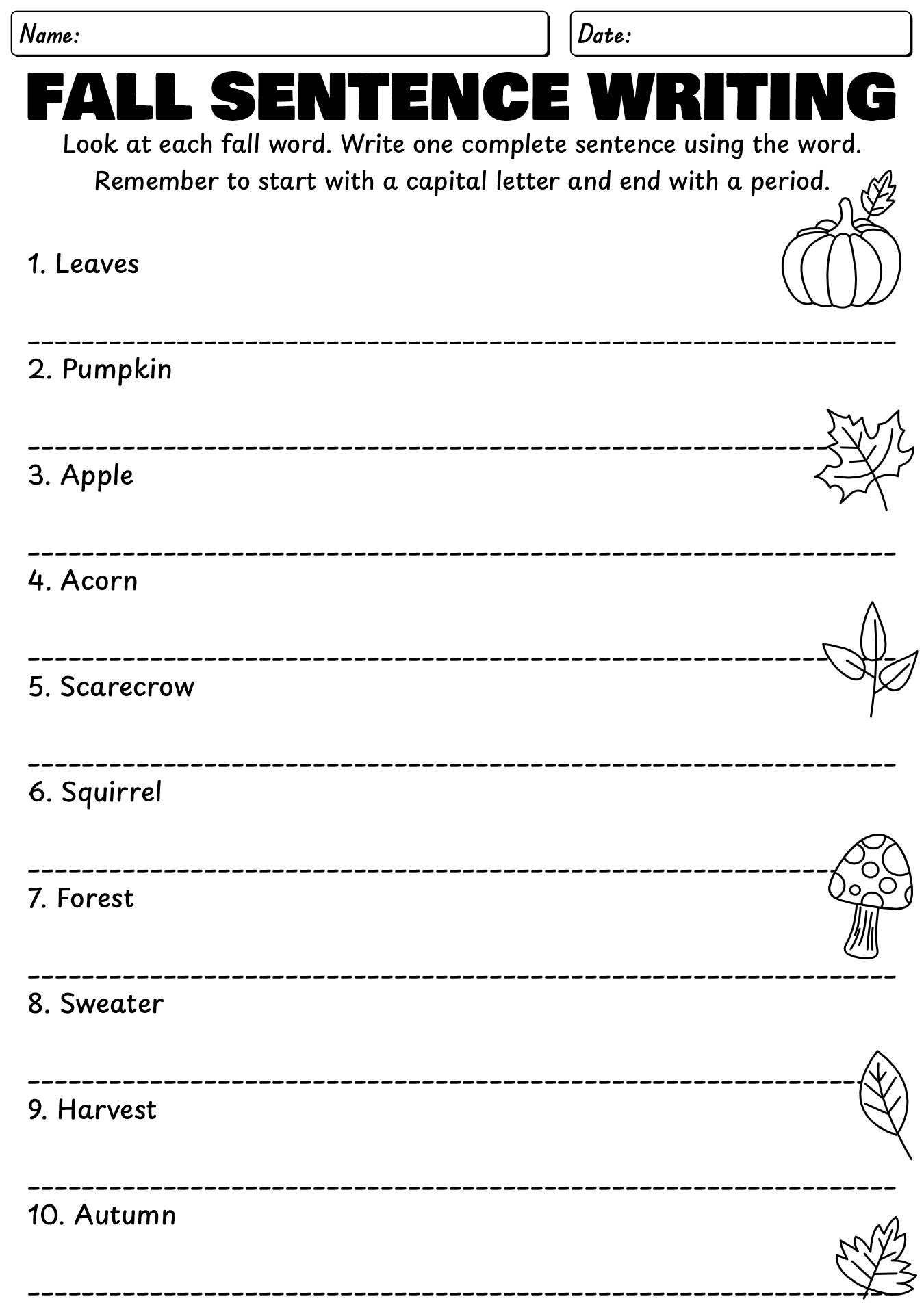 Fall Sentence Writing Worksheet