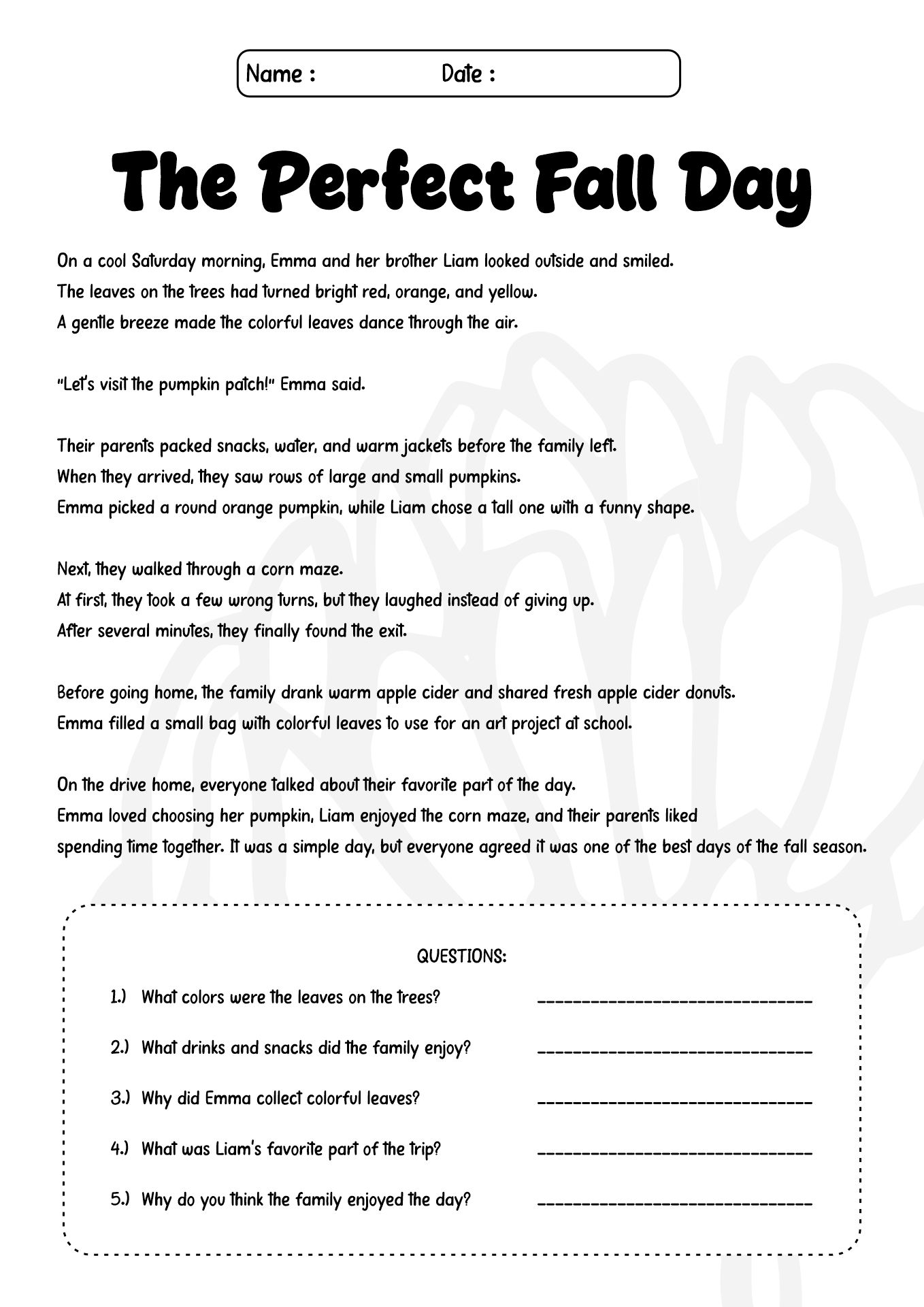 Fall Story Reading Comprehension Worksheet