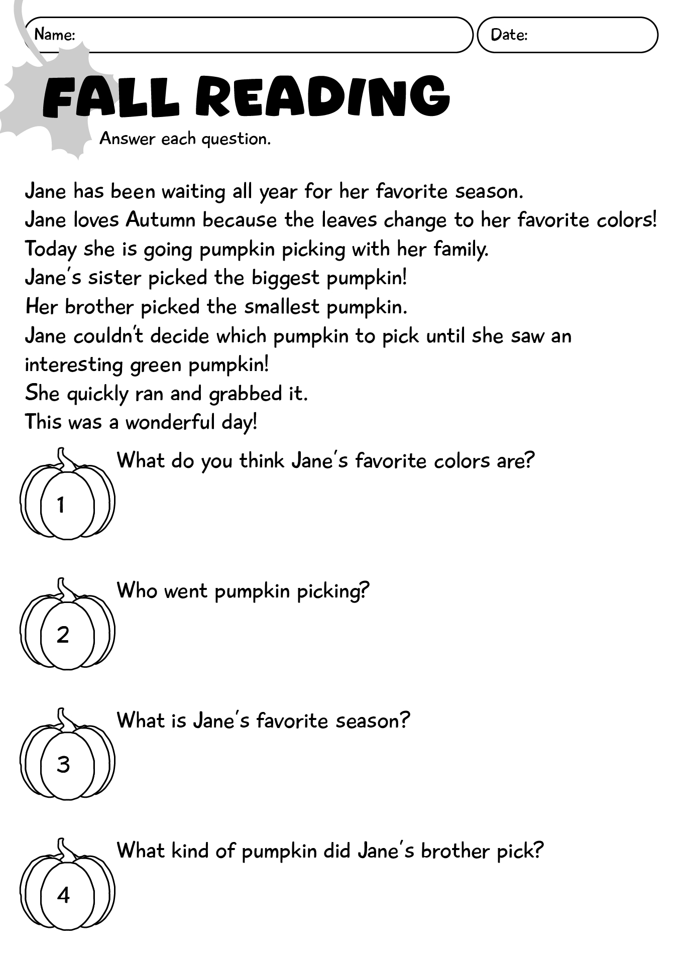 Fall Story Reading Worksheet