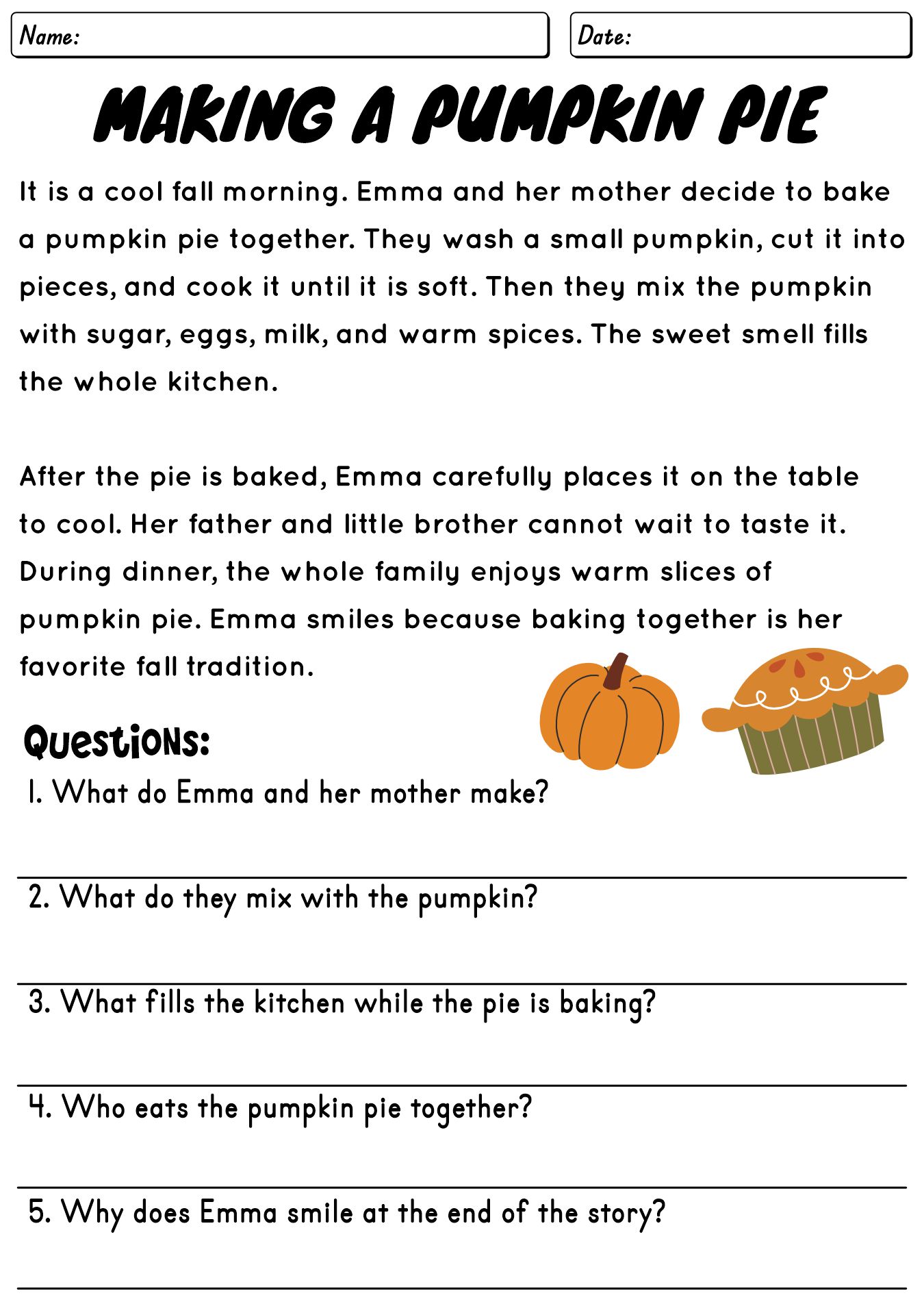 Fall Story Reading Worksheets for Early Grades